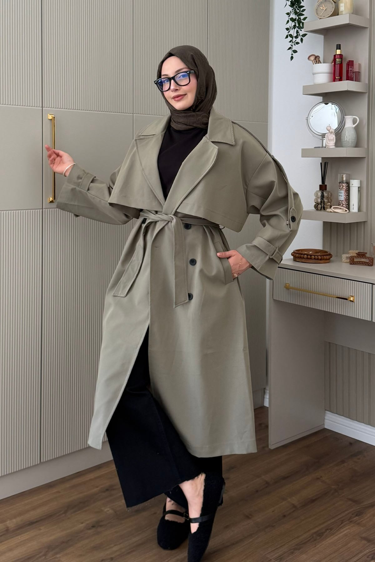 Kruvaze Yaka Kuşak Detaylı Oversize Trençkot-HAKİ YEŞİL