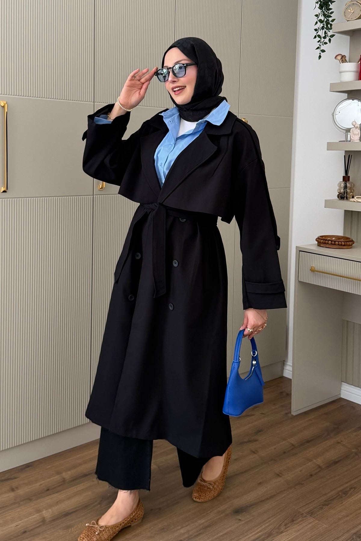 Kruvaze Yaka Kuşak Detaylı Oversize Trençkot-SİYAH