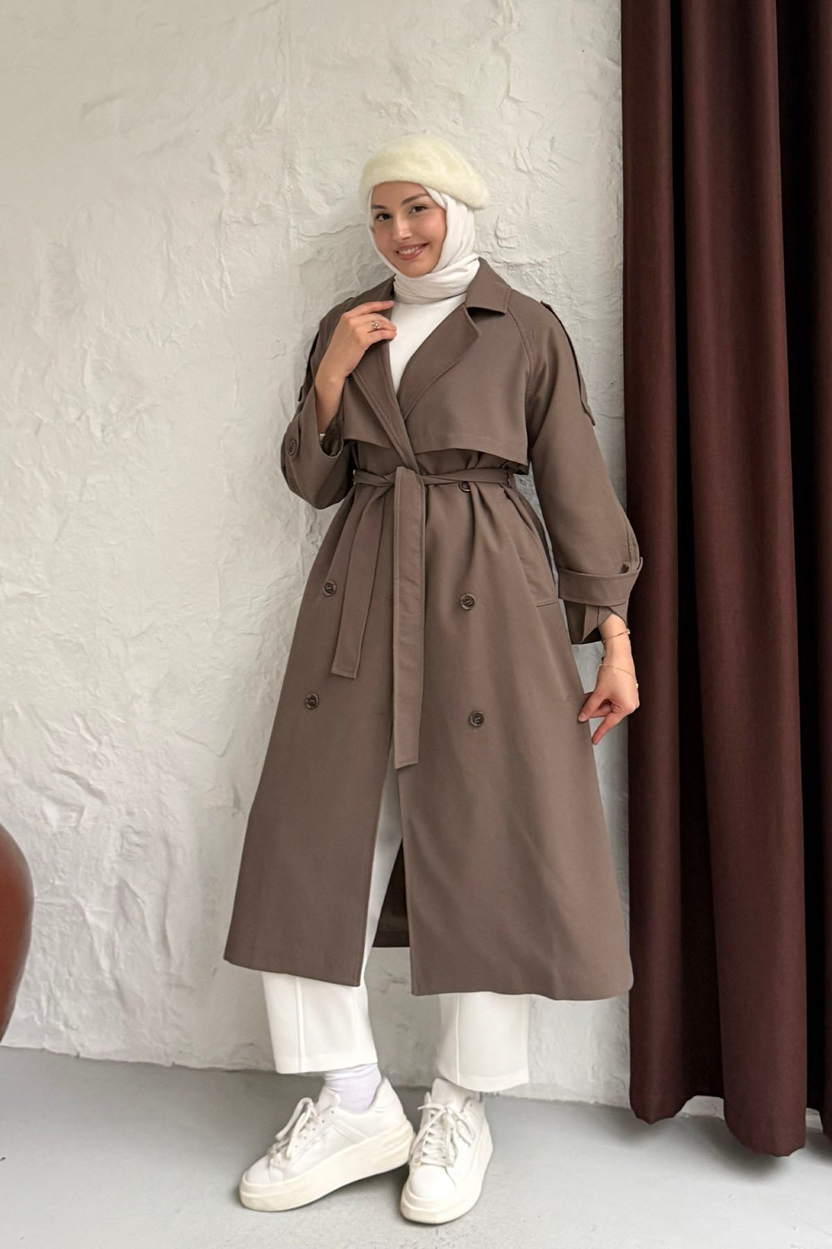 Kruvaze Yaka Kuşak Detaylı Oversize Uzun Trençkot-VİZON