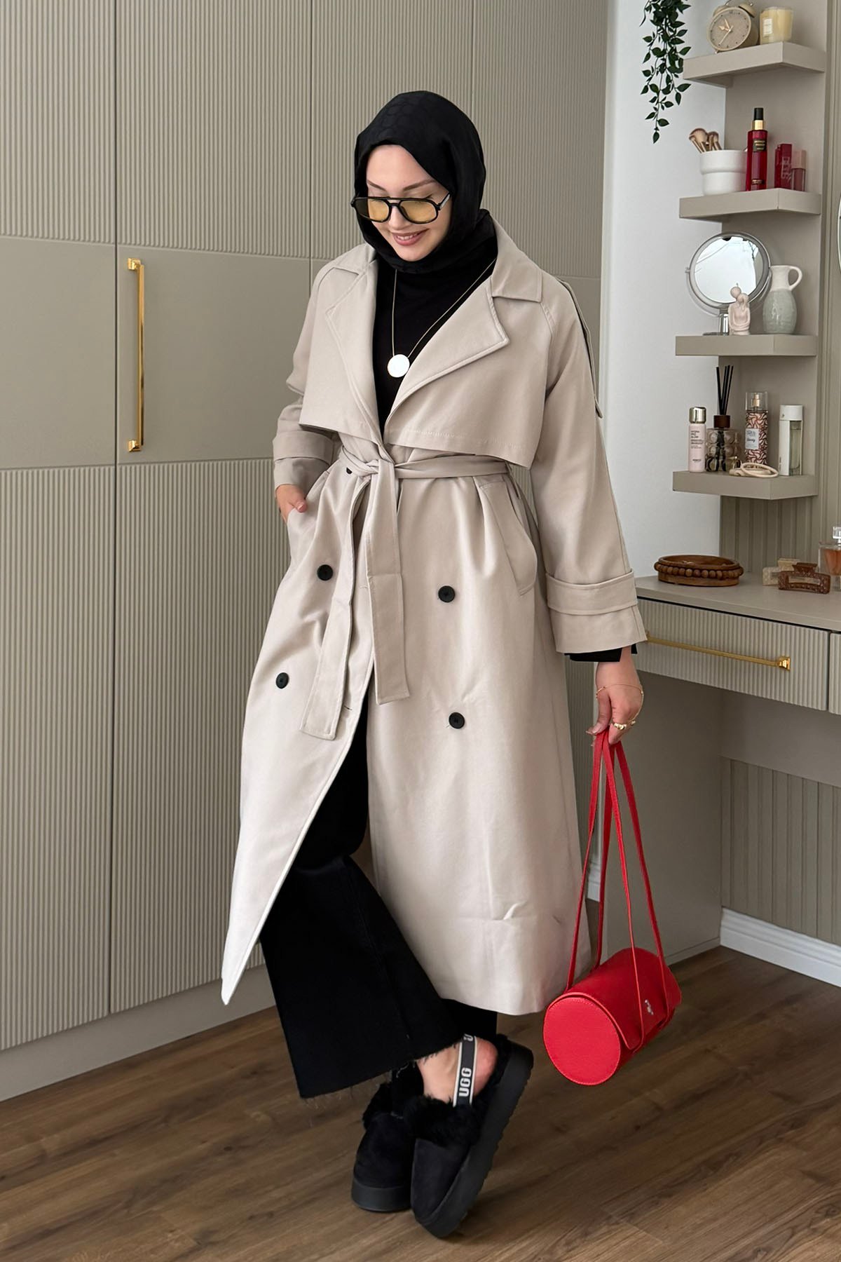 Kruvaze Yaka Kuşak Detaylı Oversize Uzun Trençkot-TAŞ