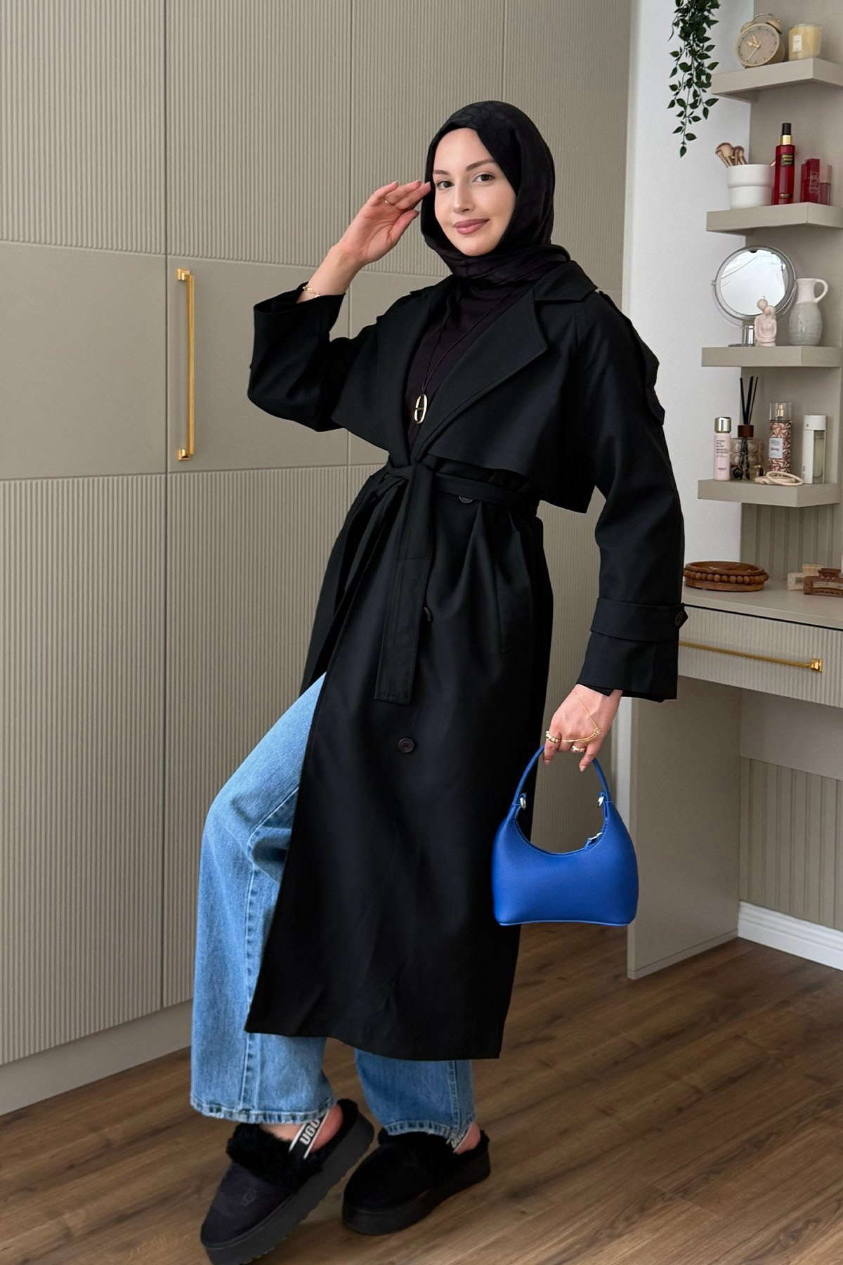 Kruvaze Yaka Kuşak Detaylı Oversize Uzun Trençkot-SİYAH