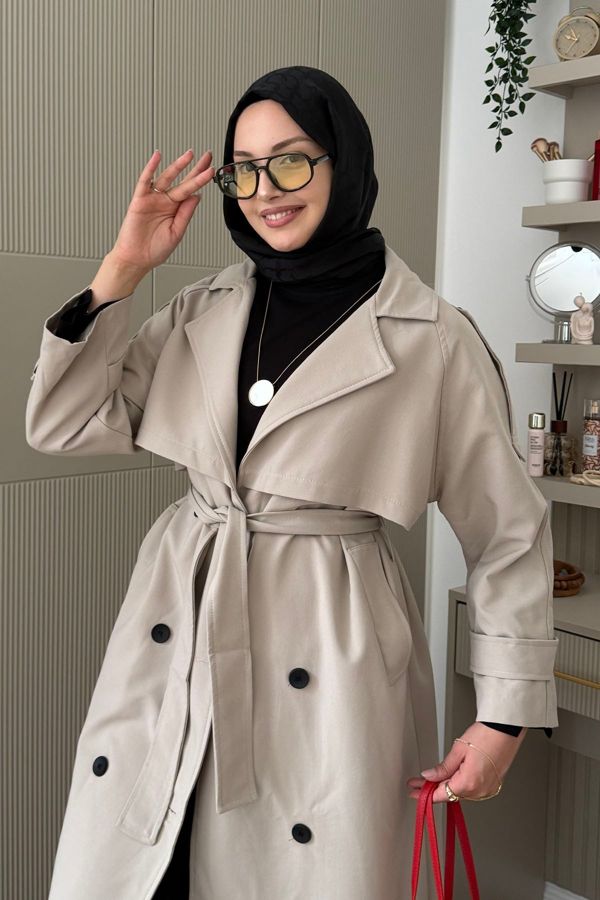 Kruvaze Yaka Kuşak Detaylı Oversize Uzun Trençkot-TAŞ