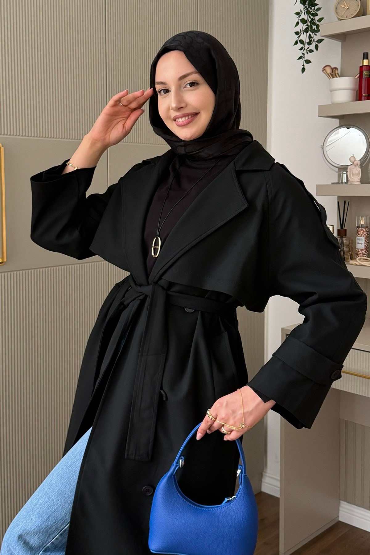 Kruvaze Yaka Kuşak Detaylı Oversize Uzun Trençkot-SİYAH