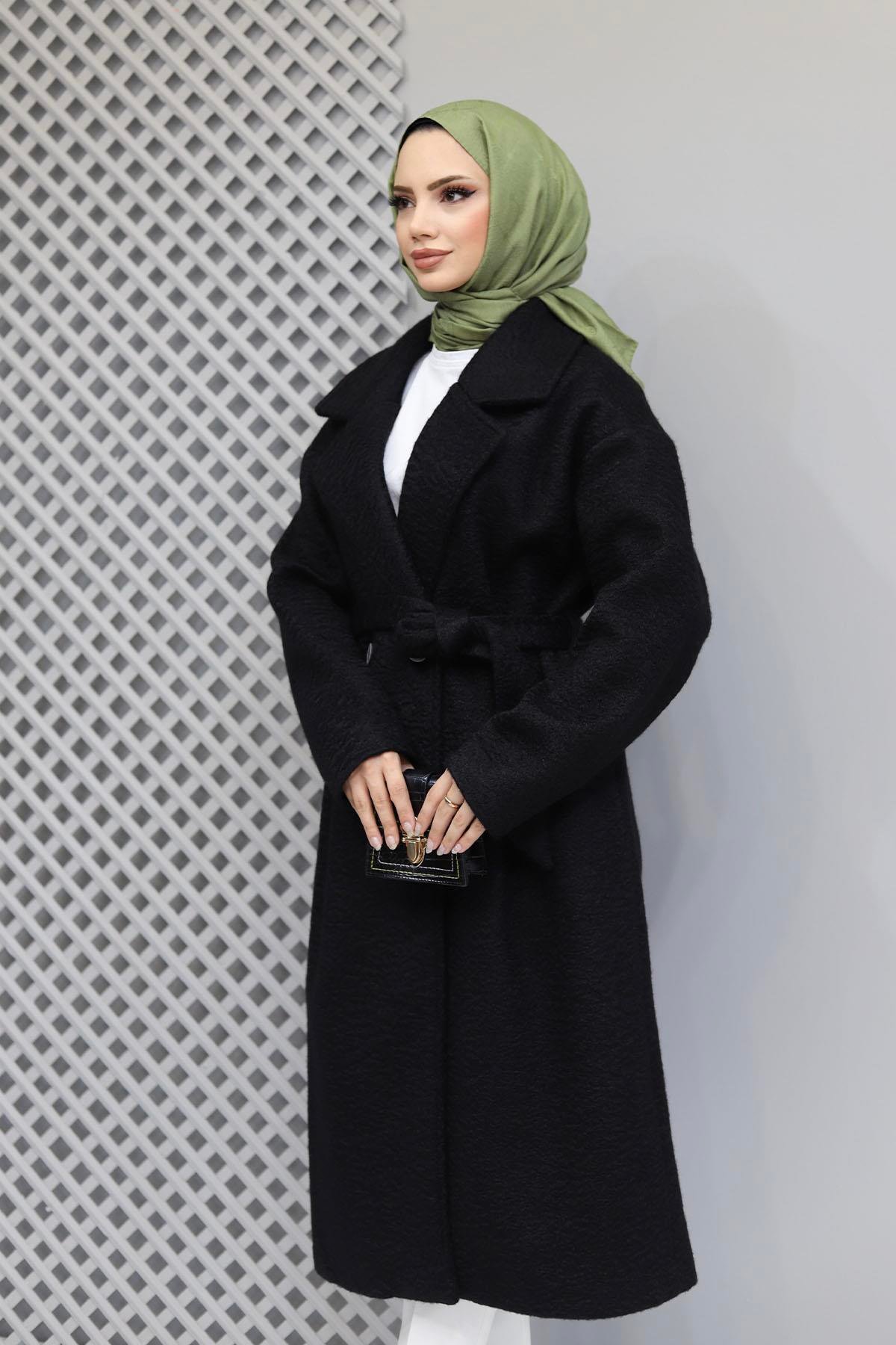 Kruvaze Yaka Seyyar Kuşaklı Oversize Kaban-SİYAH