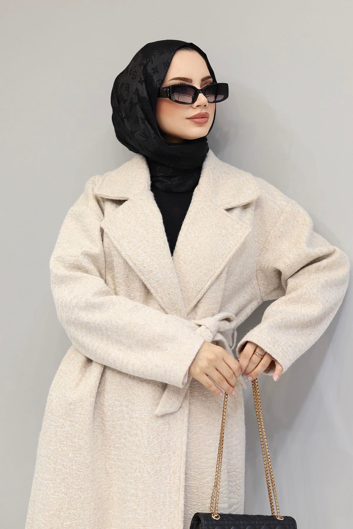 Kruvaze Yaka Seyyar Kuşaklı Oversize Kaban-BEJ