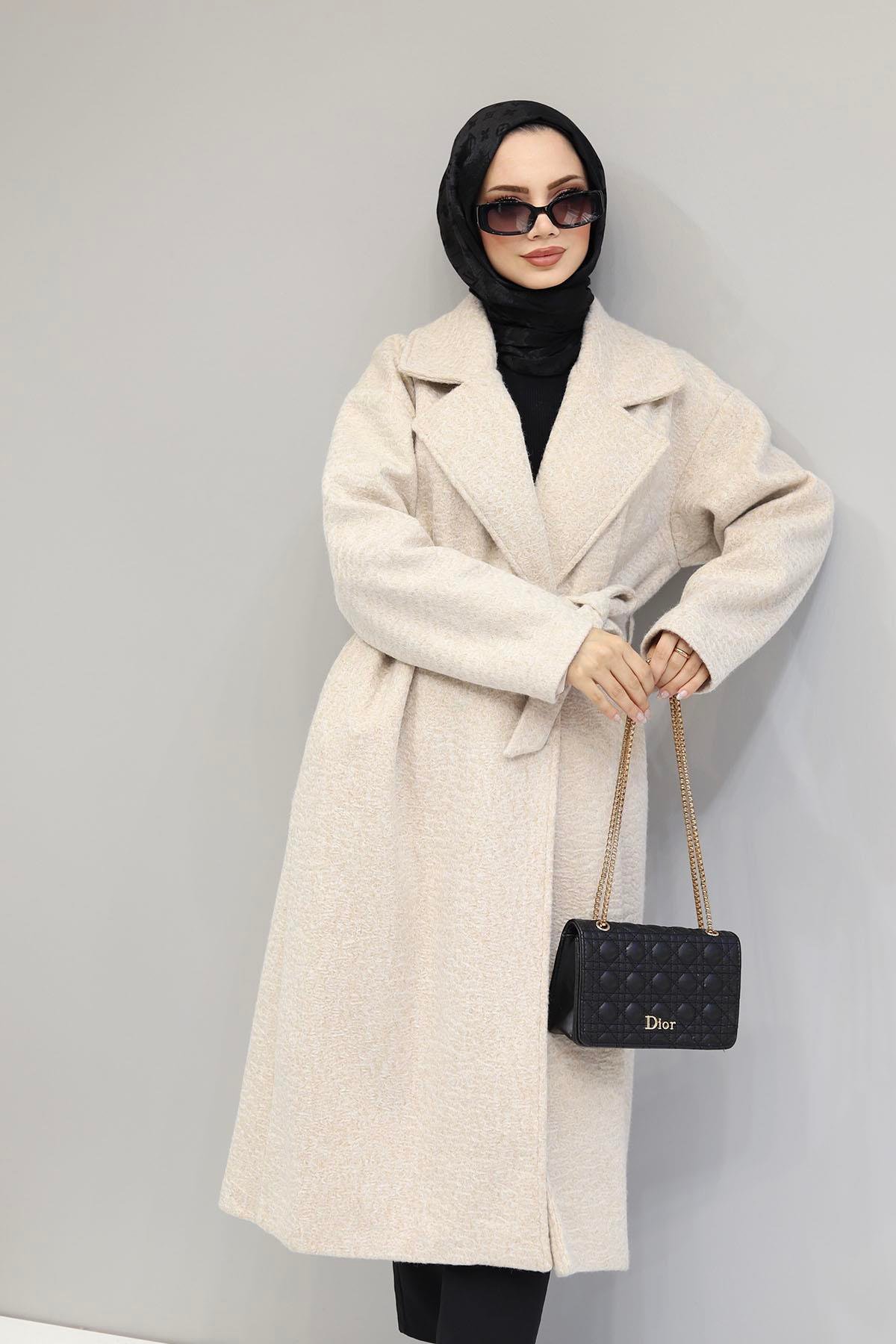 Kruvaze Yaka Seyyar Kuşaklı Oversize Kaban-BEJ
