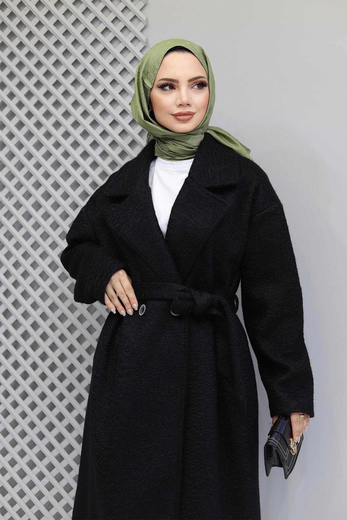 Kruvaze Yaka Seyyar Kuşaklı Oversize Kaban-SİYAH
