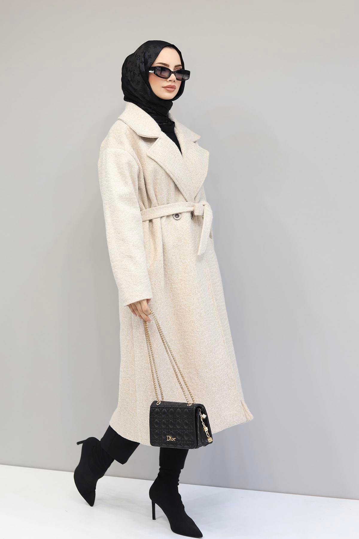 Kruvaze Yaka Seyyar Kuşaklı Oversize Kaban-BEJ