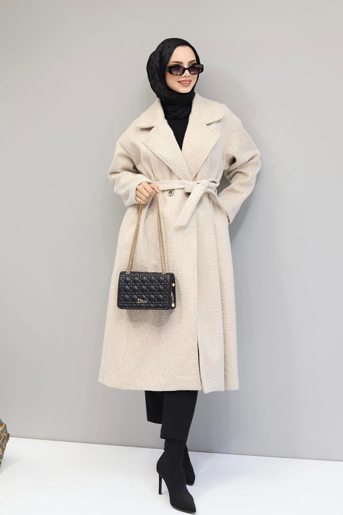 Kruvaze Yaka Seyyar Kuşaklı Oversize Kaban-BEJ