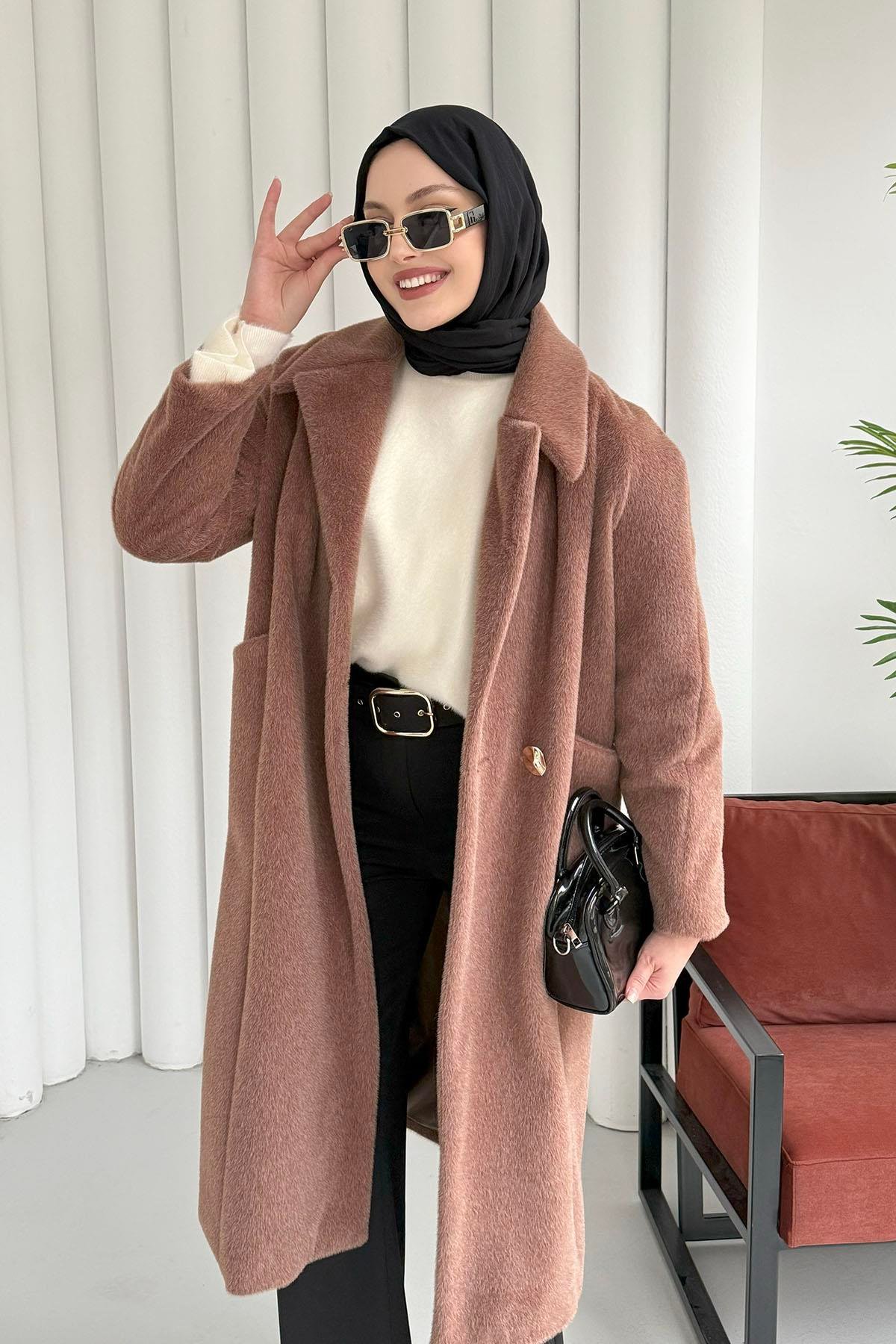 Kruvaze Yaka Tek Düğme Tay Tüylü Kaban-KAHVERENGİ