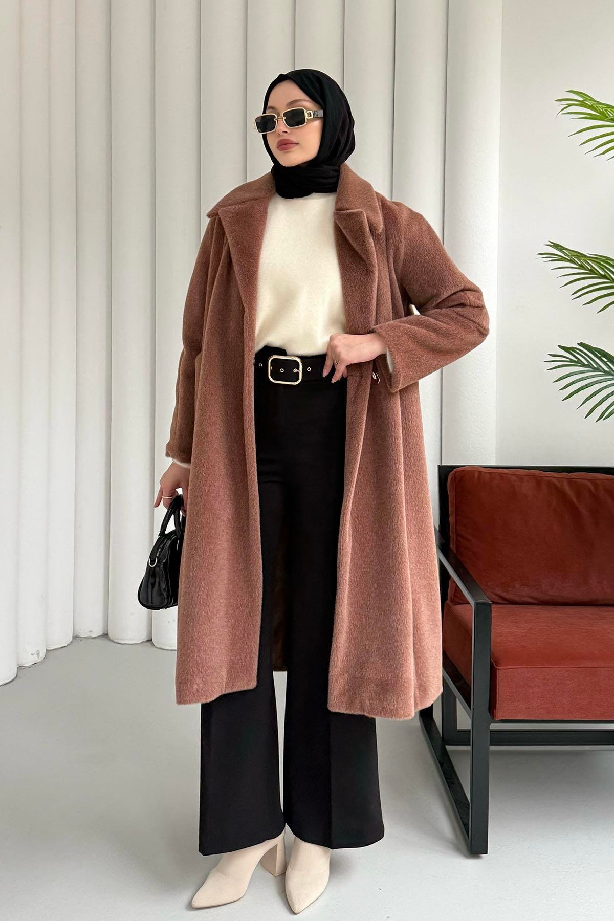 Kruvaze Yaka Tek Düğme Tay Tüylü Kaban-KAHVERENGİ