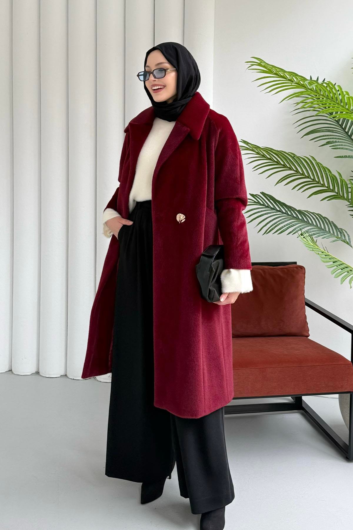 Kruvaze Yaka Tek Düğme Tay Tüylü Kaban-BORDO