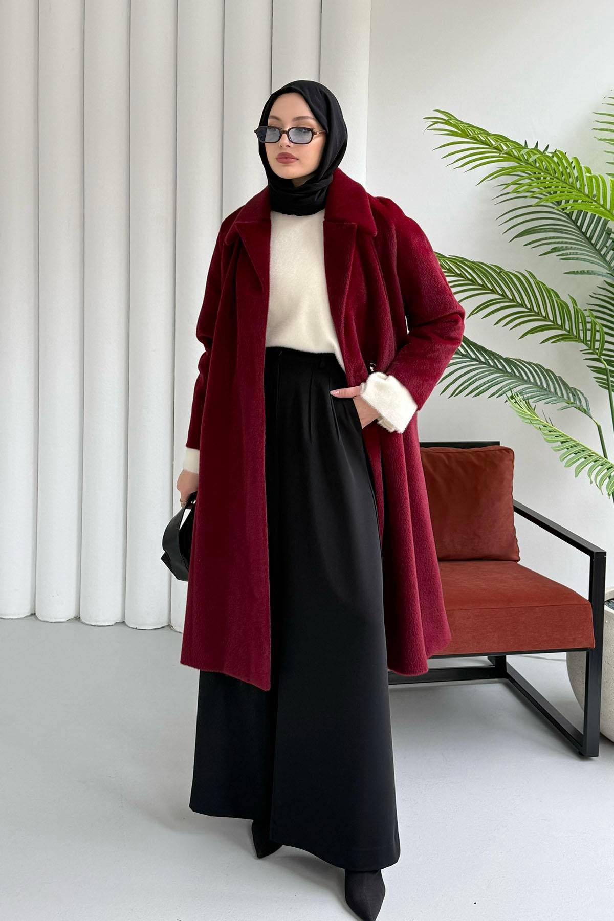 Kruvaze Yaka Tek Düğme Tay Tüylü Kaban-BORDO