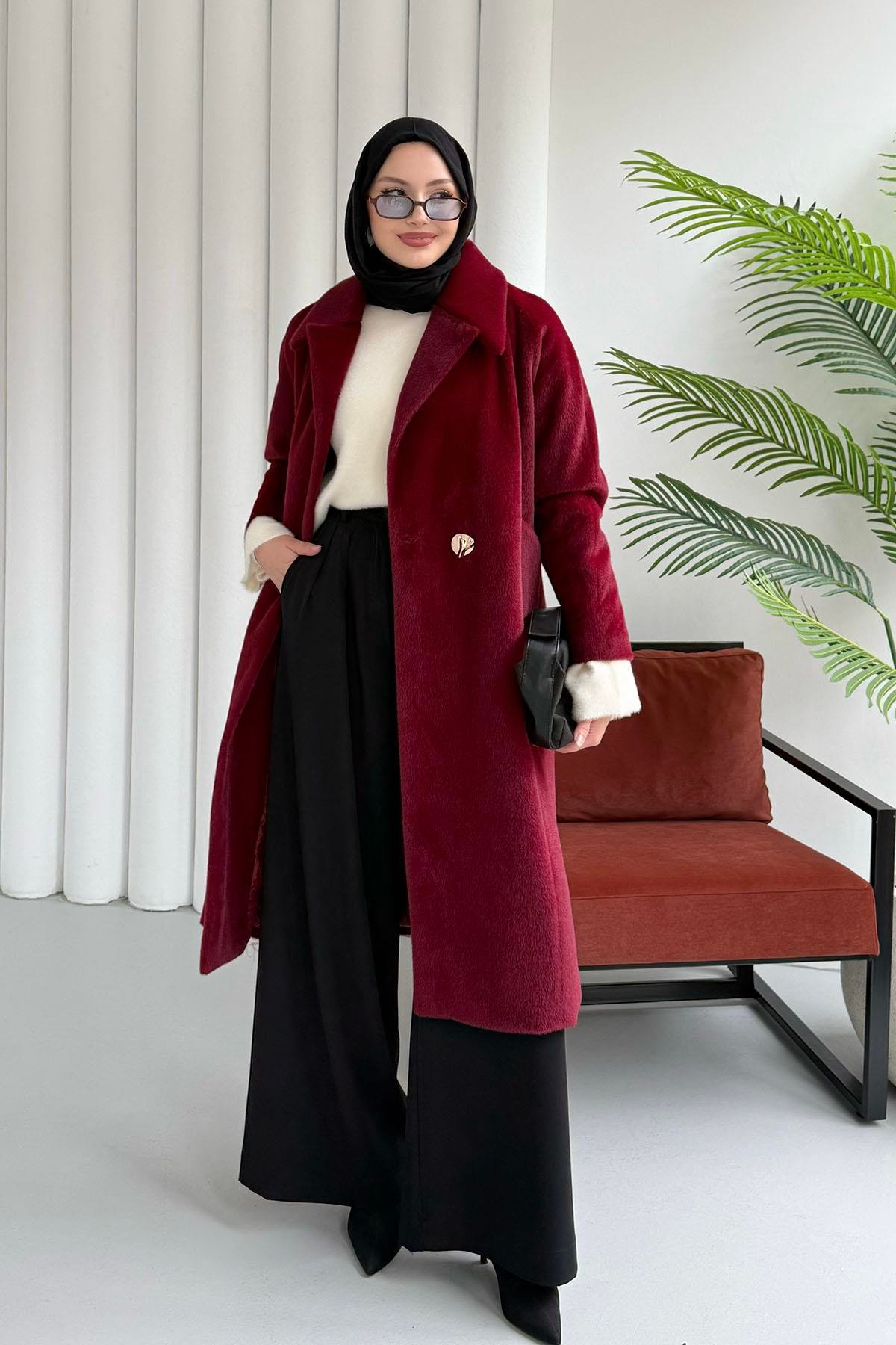 Kruvaze Yaka Tek Düğme Tay Tüylü Kaban-BORDO