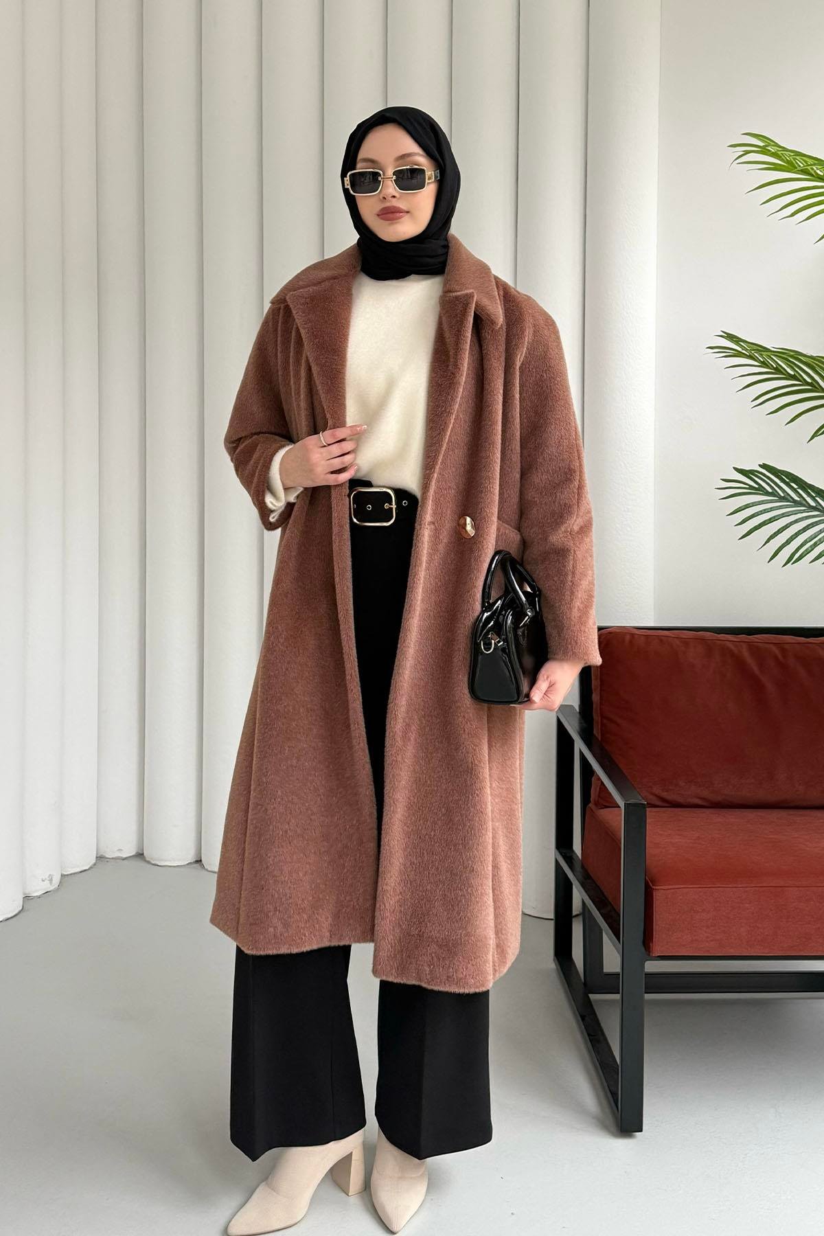 Kruvaze Yaka Tek Düğme Tay Tüylü Kaban-KAHVERENGİ