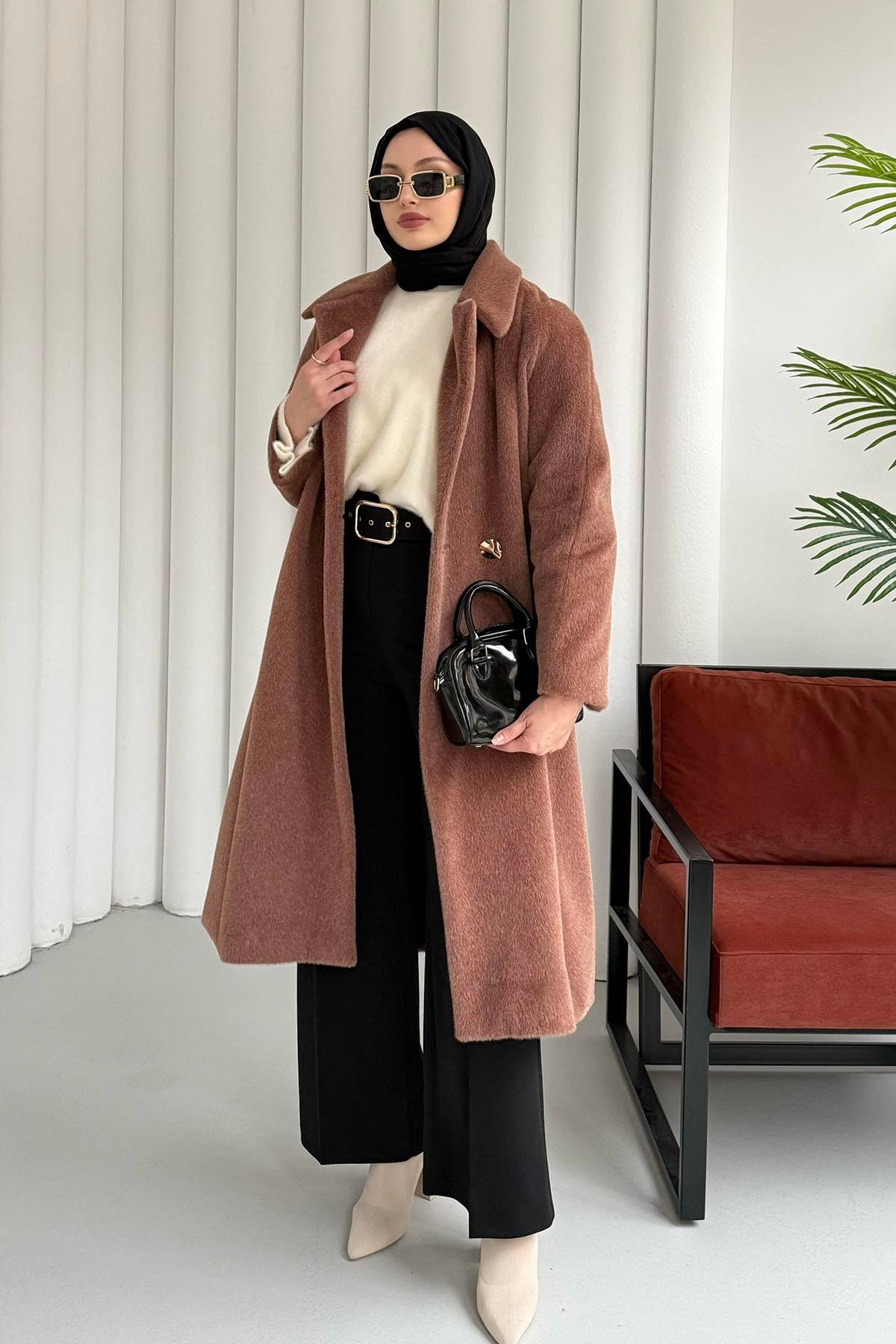 Kruvaze Yaka Tek Düğme Tay Tüylü Kaban-KAHVERENGİ