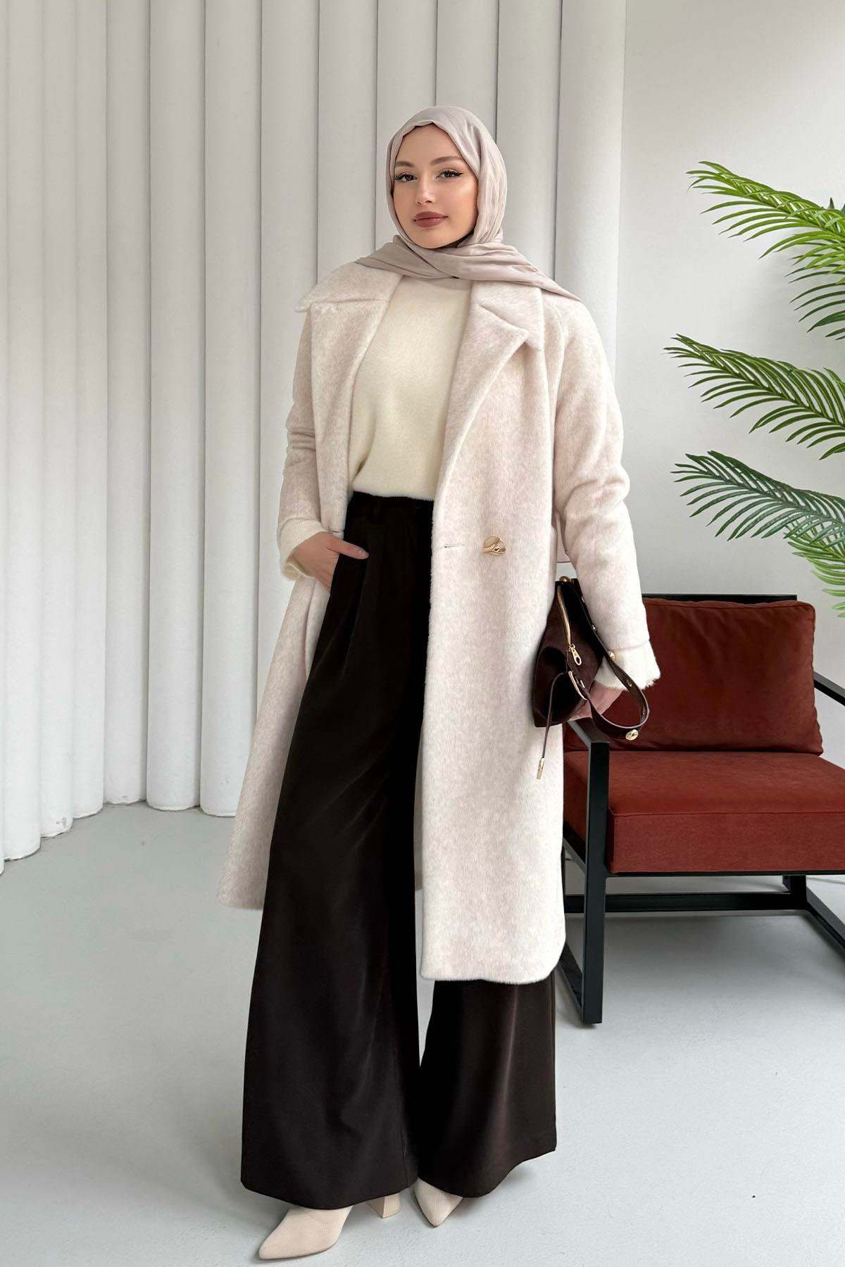 Kruvaze Yaka Tek Düğme Tay Tüylü Kaban-KREM