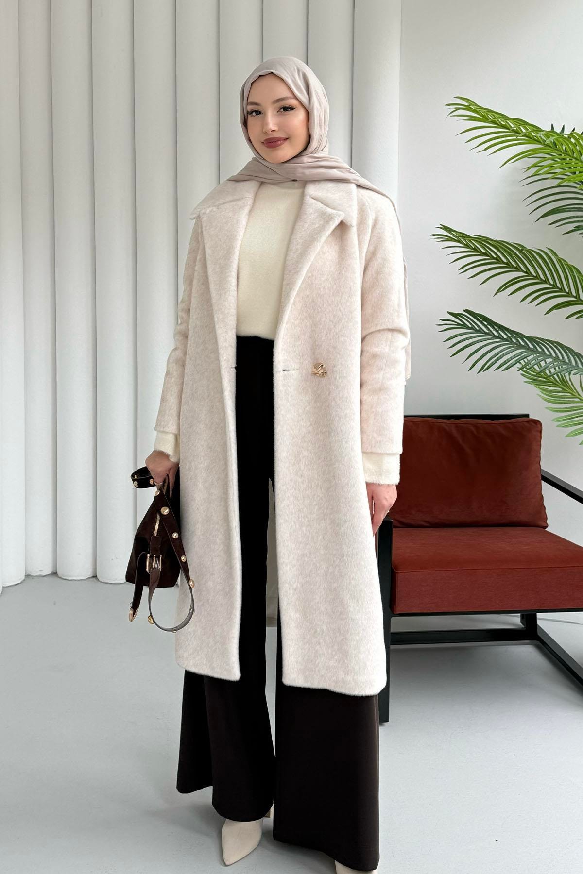 Kruvaze Yaka Tek Düğme Tay Tüylü Kaban-KREM