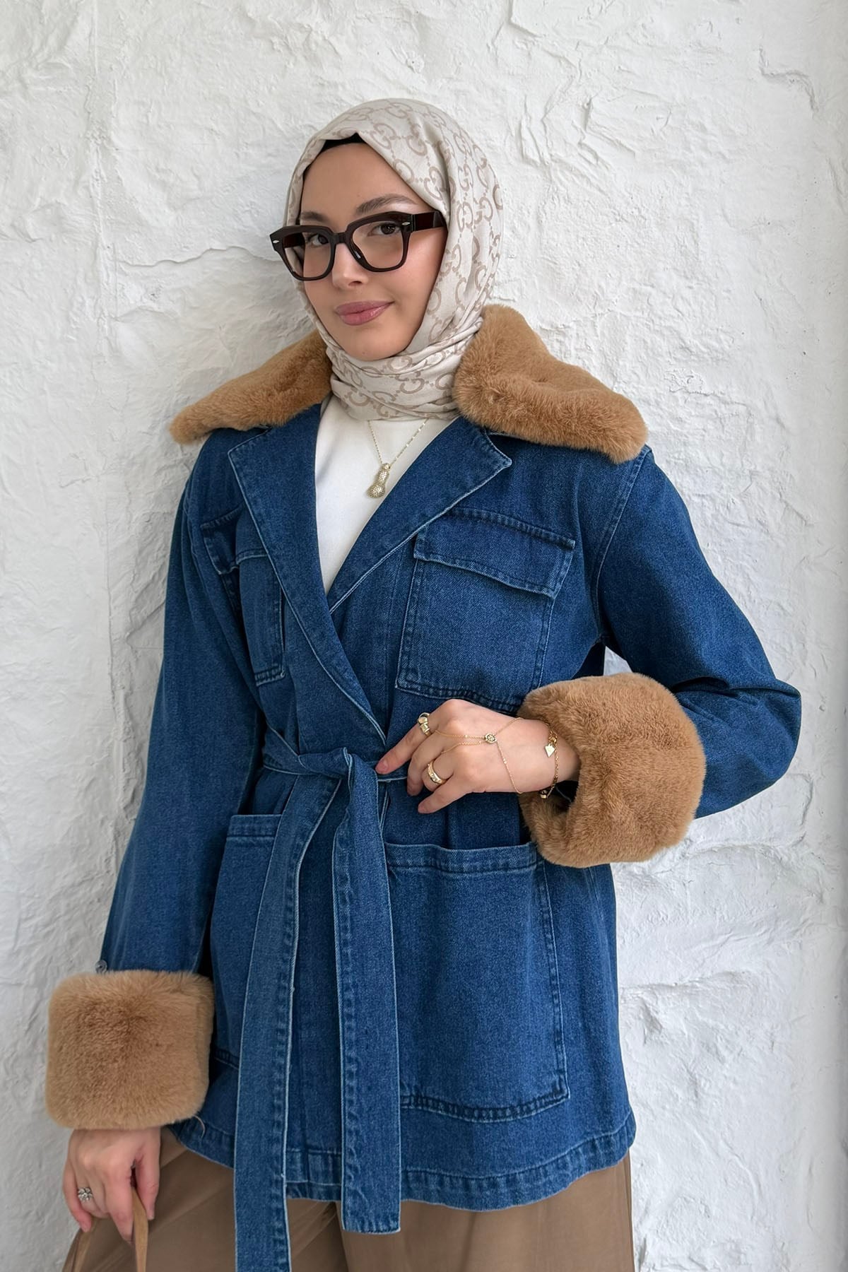 Kürklü Denim Ceket-MAVİ