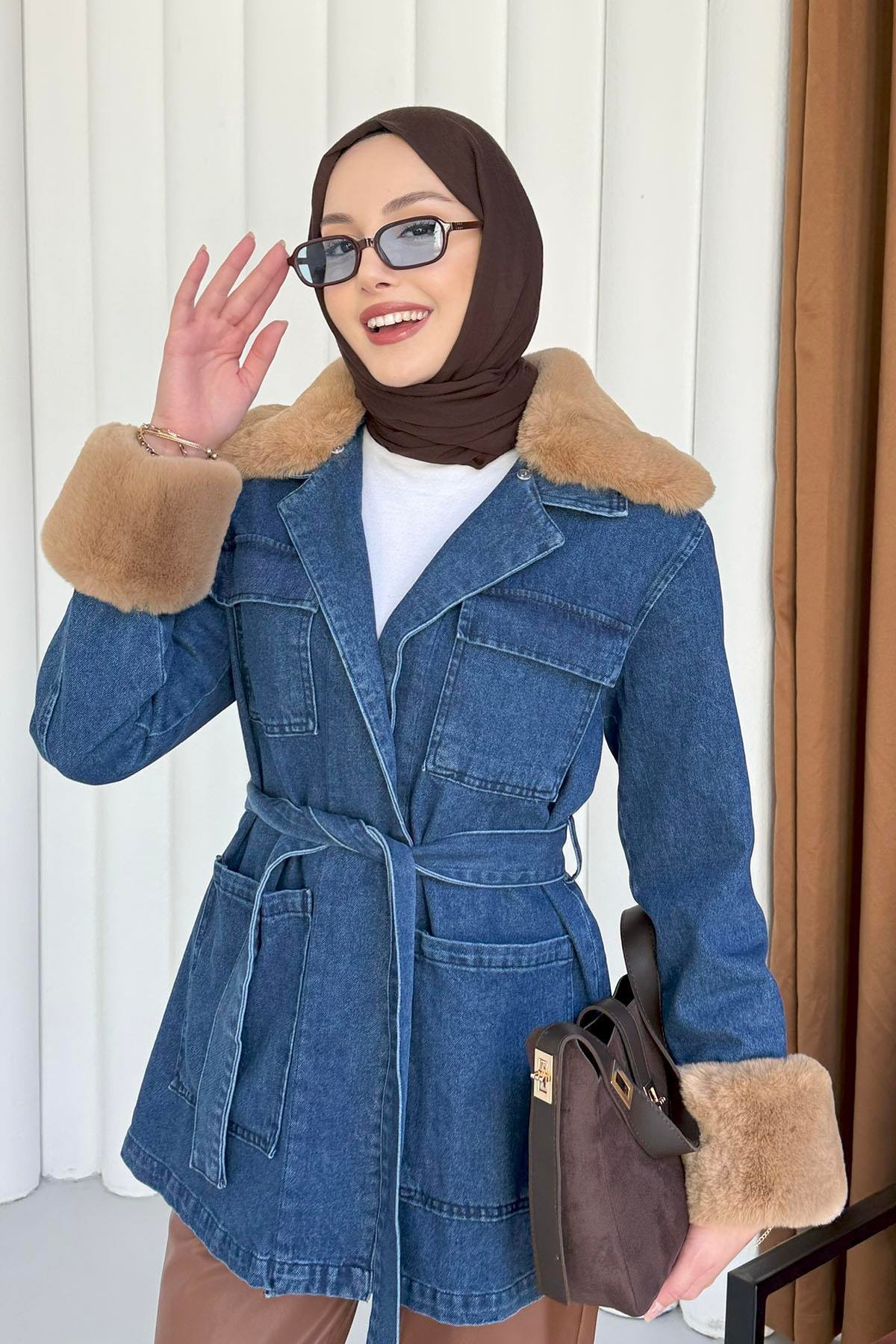 Kürklü Denim Ceket-MAVİ