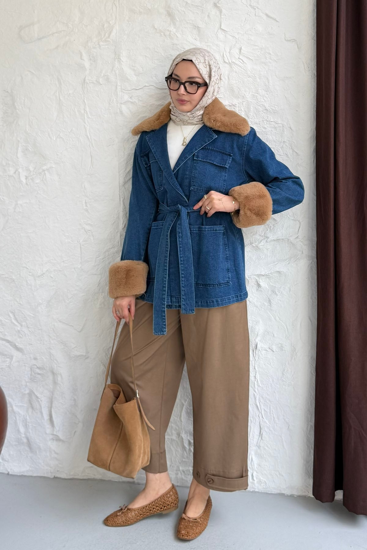 Kürklü Denim Ceket-MAVİ