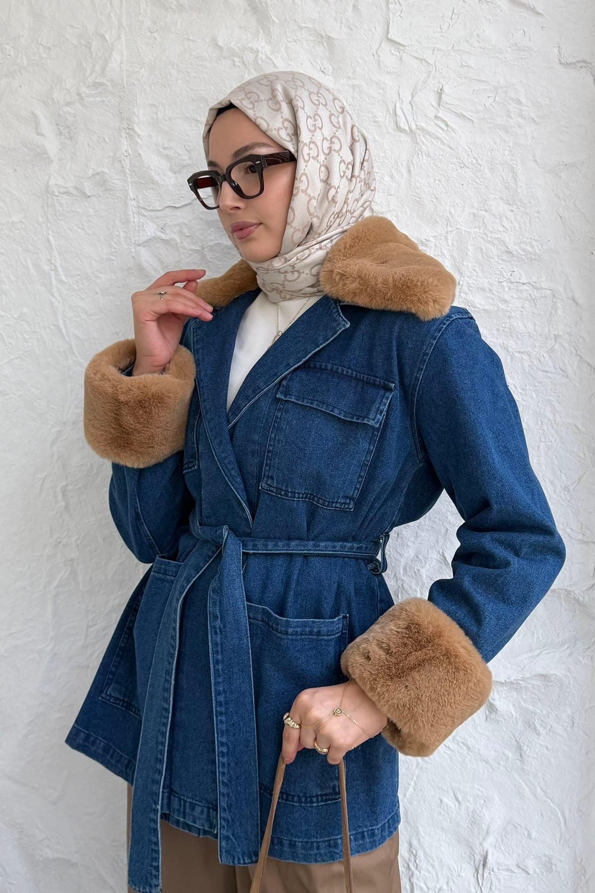 Kürklü Denim Ceket-MAVİ