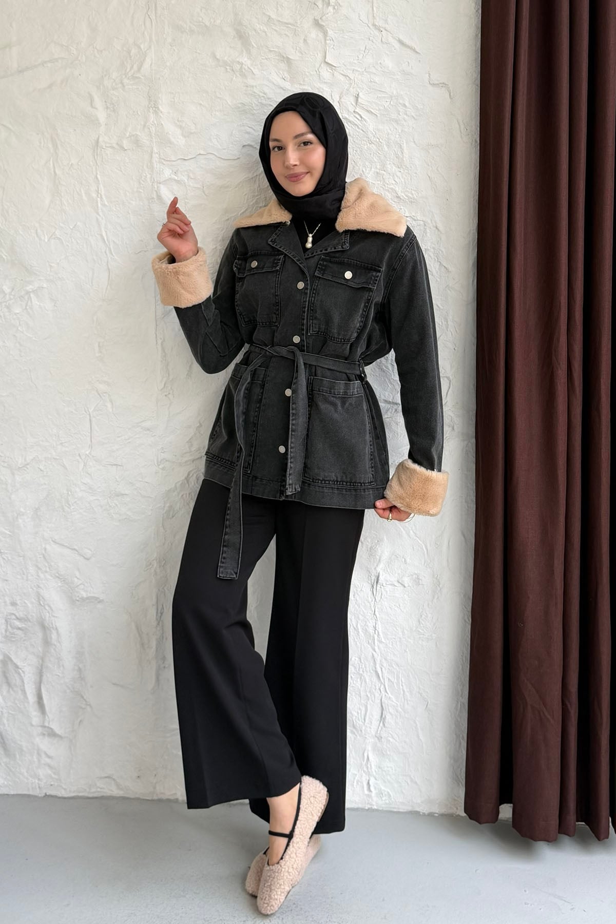 Kürklü Denim Ceket-SİYAH