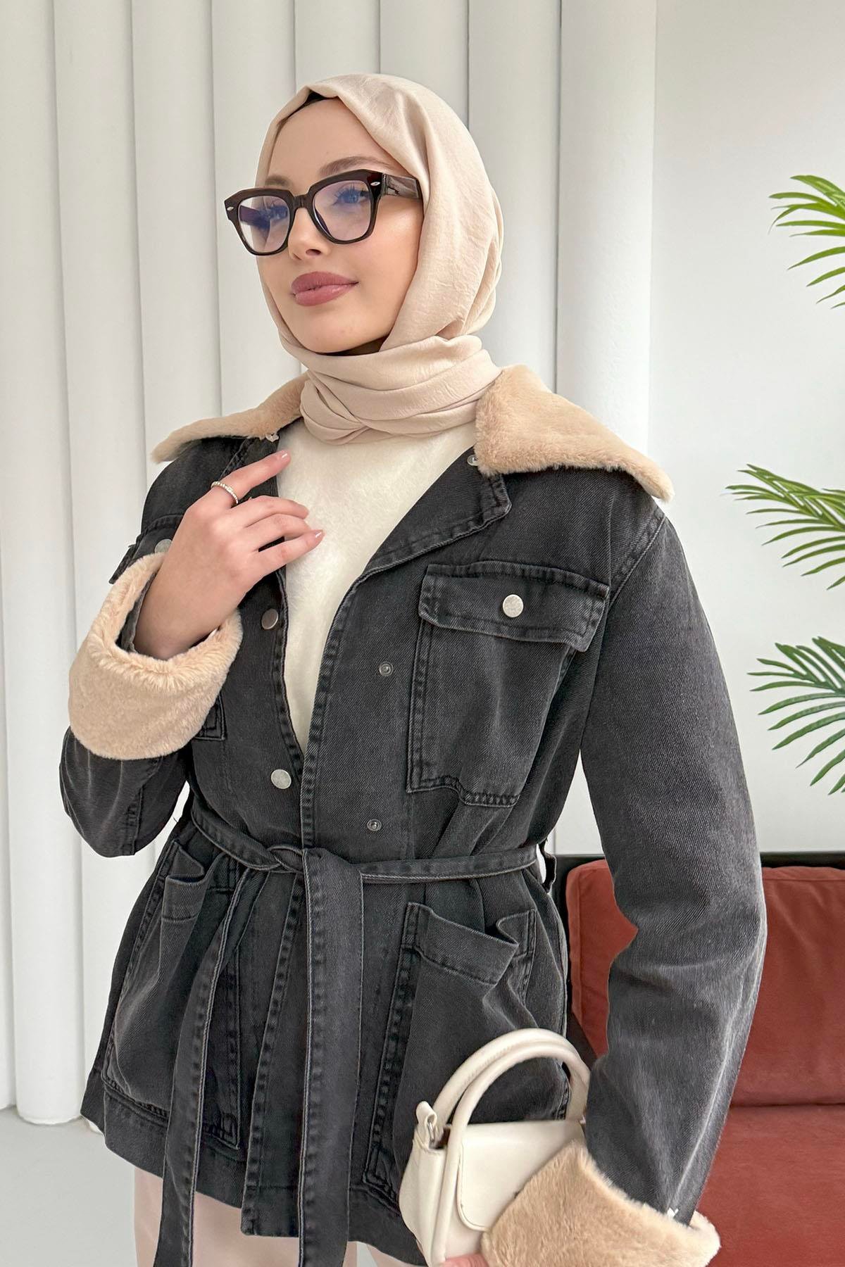 Kürklü Denim Ceket-SİYAH