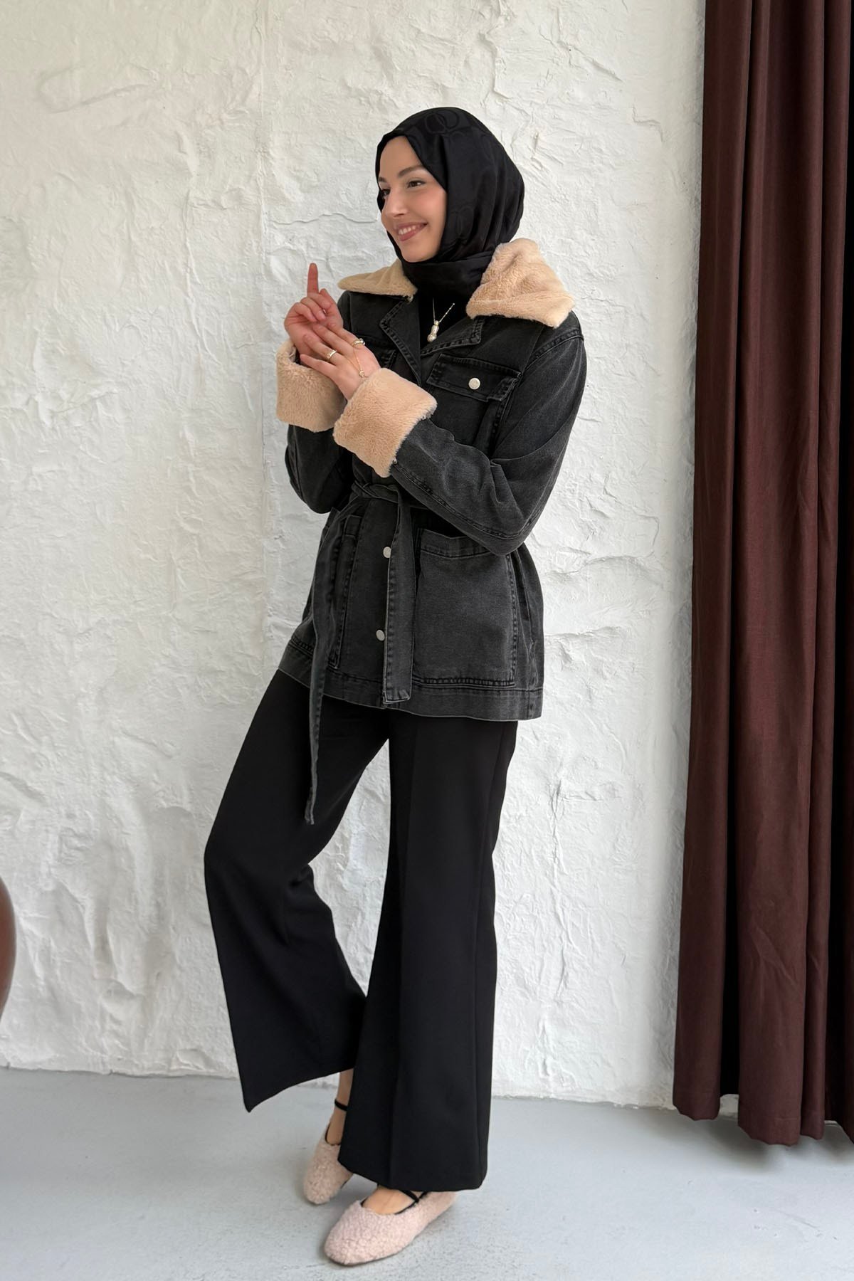 Kürklü Denim Ceket-SİYAH