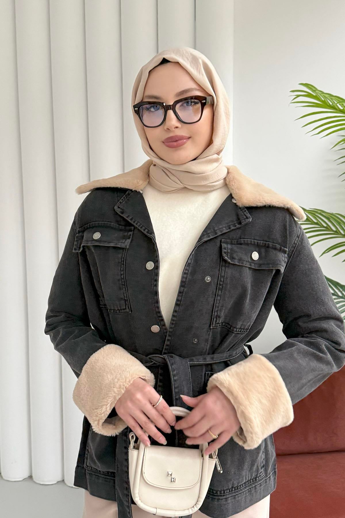 Kürklü Denim Ceket-SİYAH