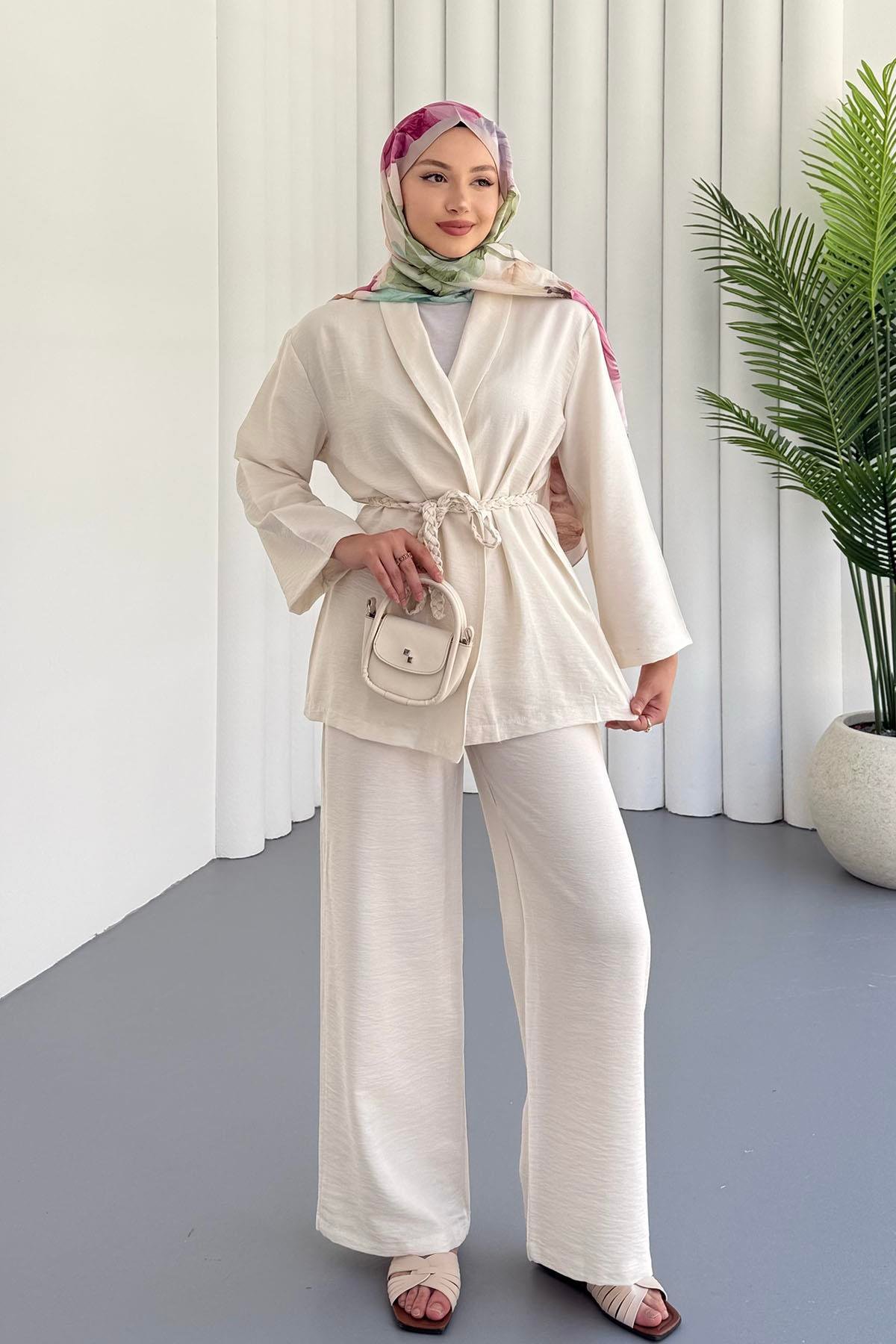 Kuşağı Örgü Detaylı Pantolonlu Kimono Tesettür Takım-TAŞ