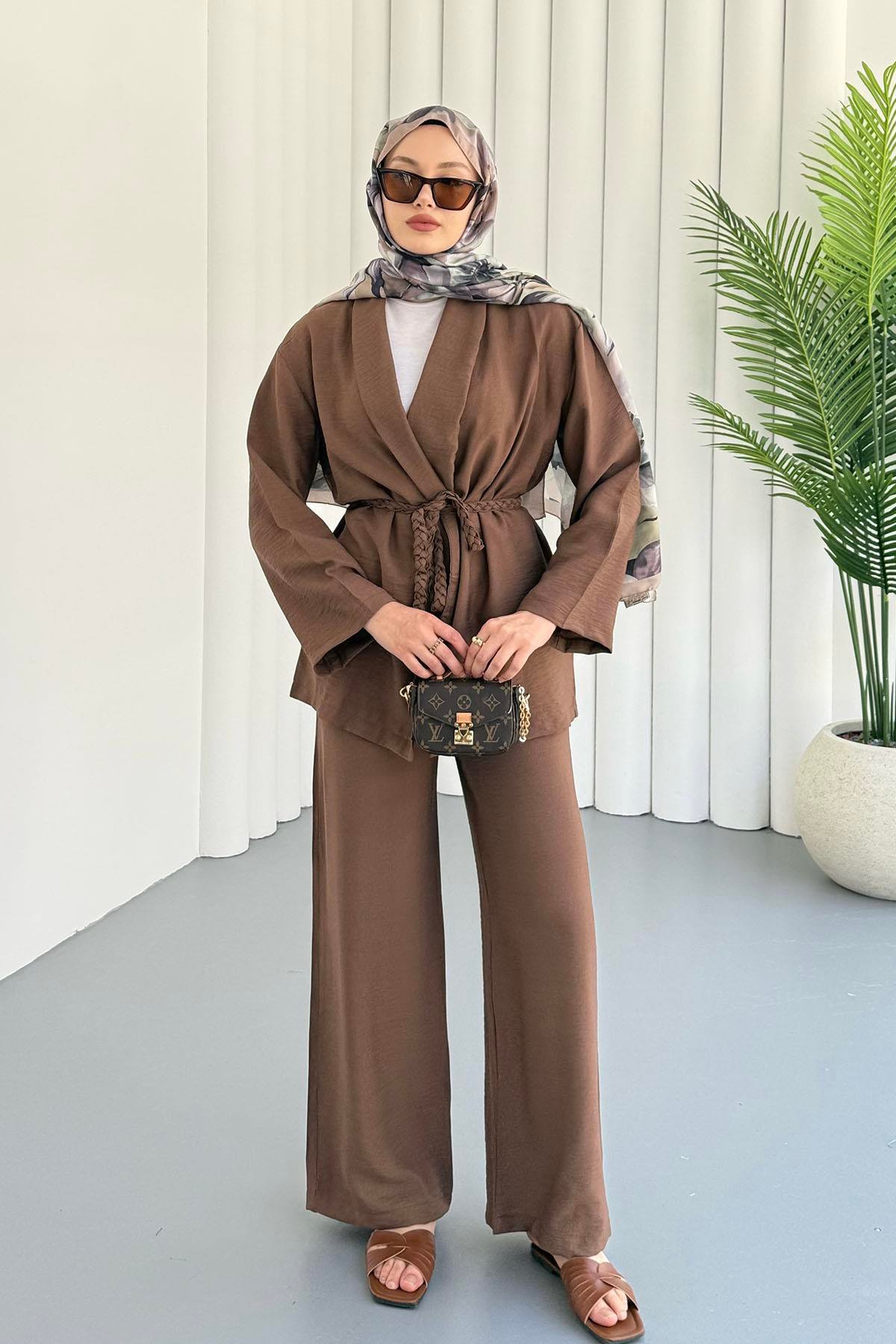 Kuşağı Örgü Detaylı Pantolonlu Kimono Tesettür Takım-KAHVERENGİ