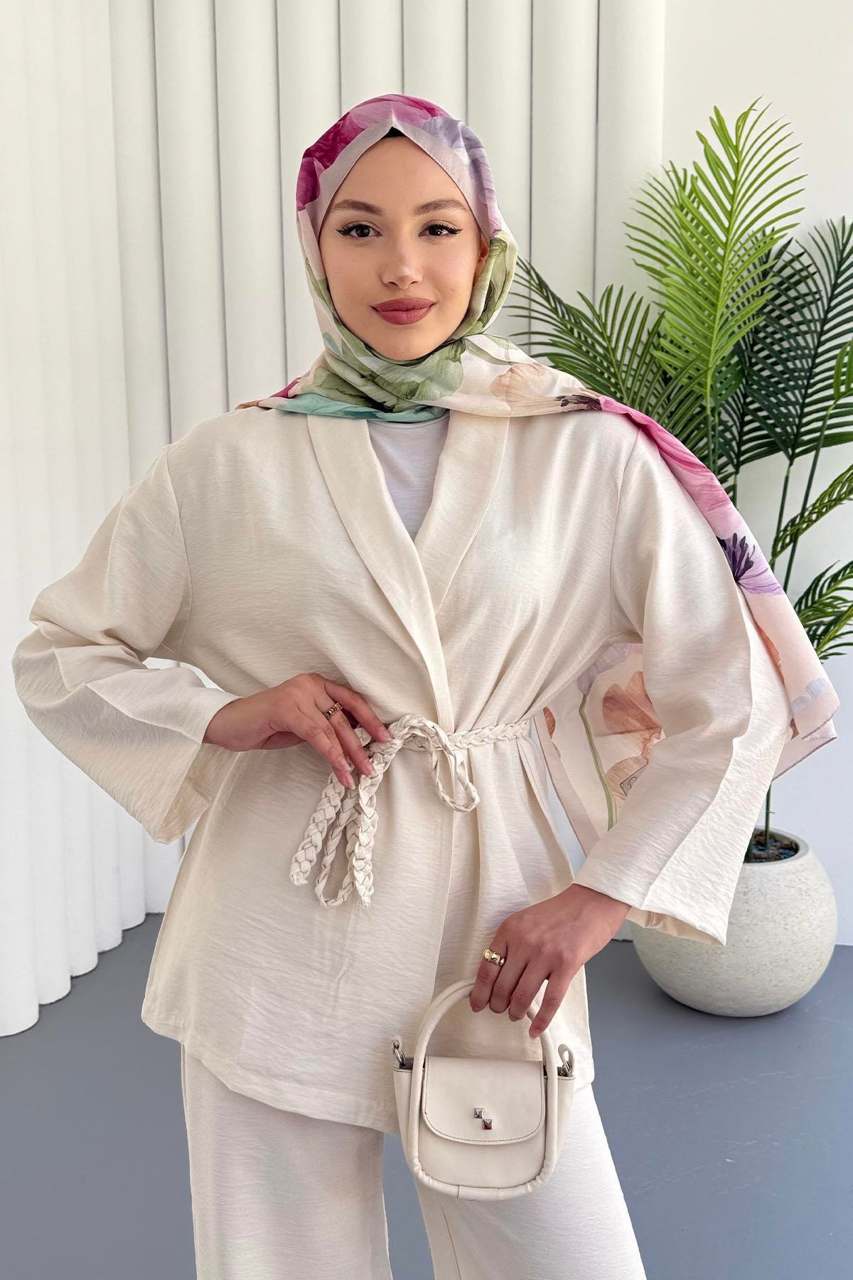 Kuşağı Örgü Detaylı Pantolonlu Kimono Tesettür Takım-TAŞ