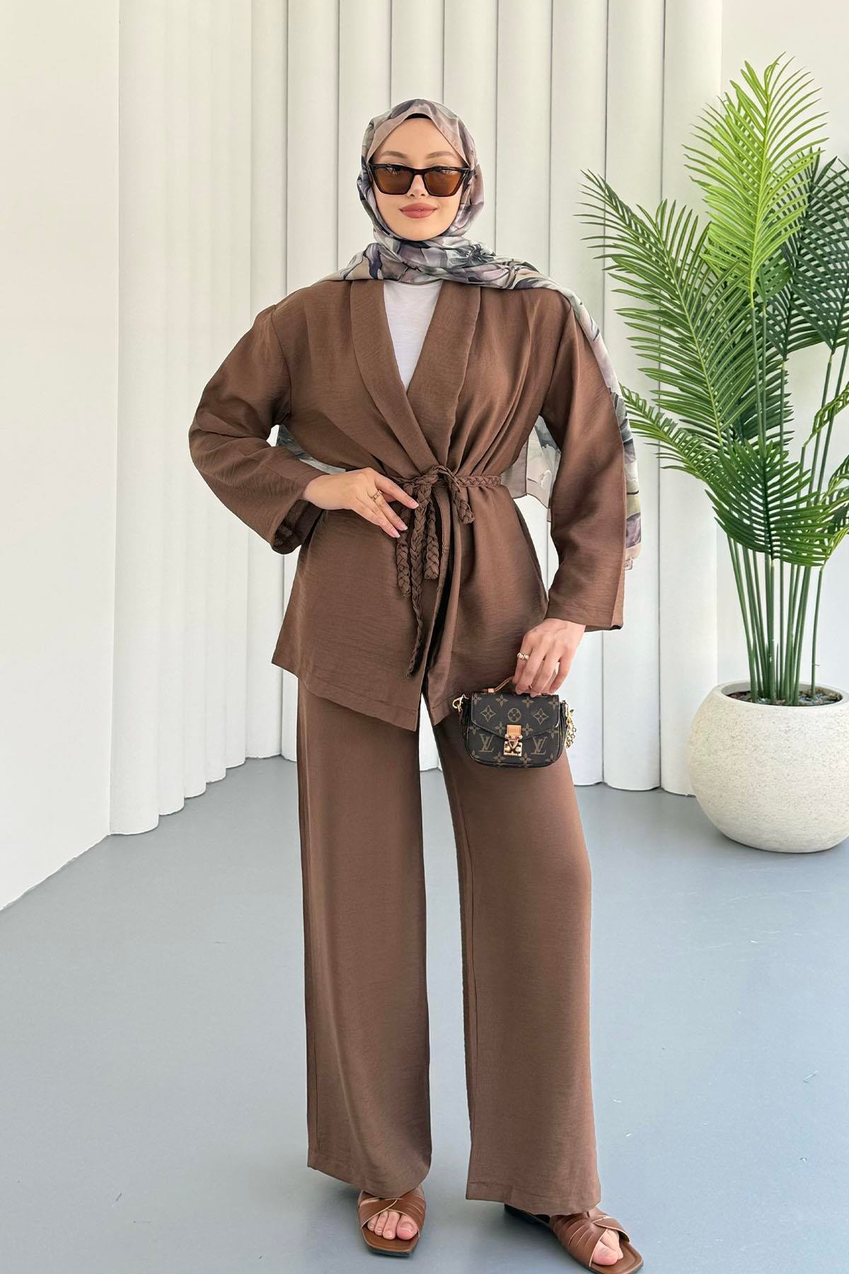 Kuşağı Örgü Detaylı Pantolonlu Kimono Tesettür Takım-KAHVERENGİ