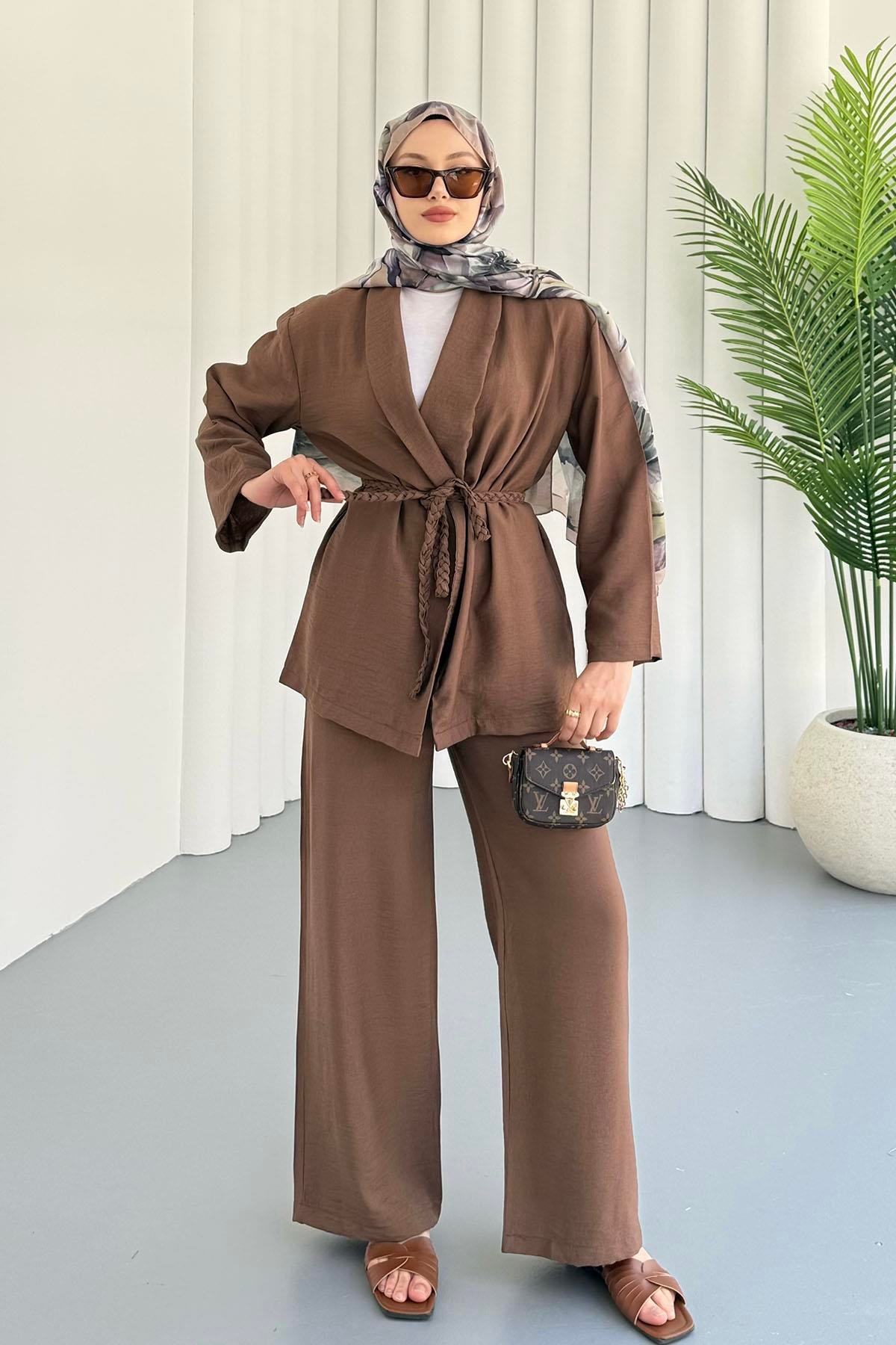 Kuşağı Örgü Detaylı Pantolonlu Kimono Tesettür Takım-KAHVERENGİ