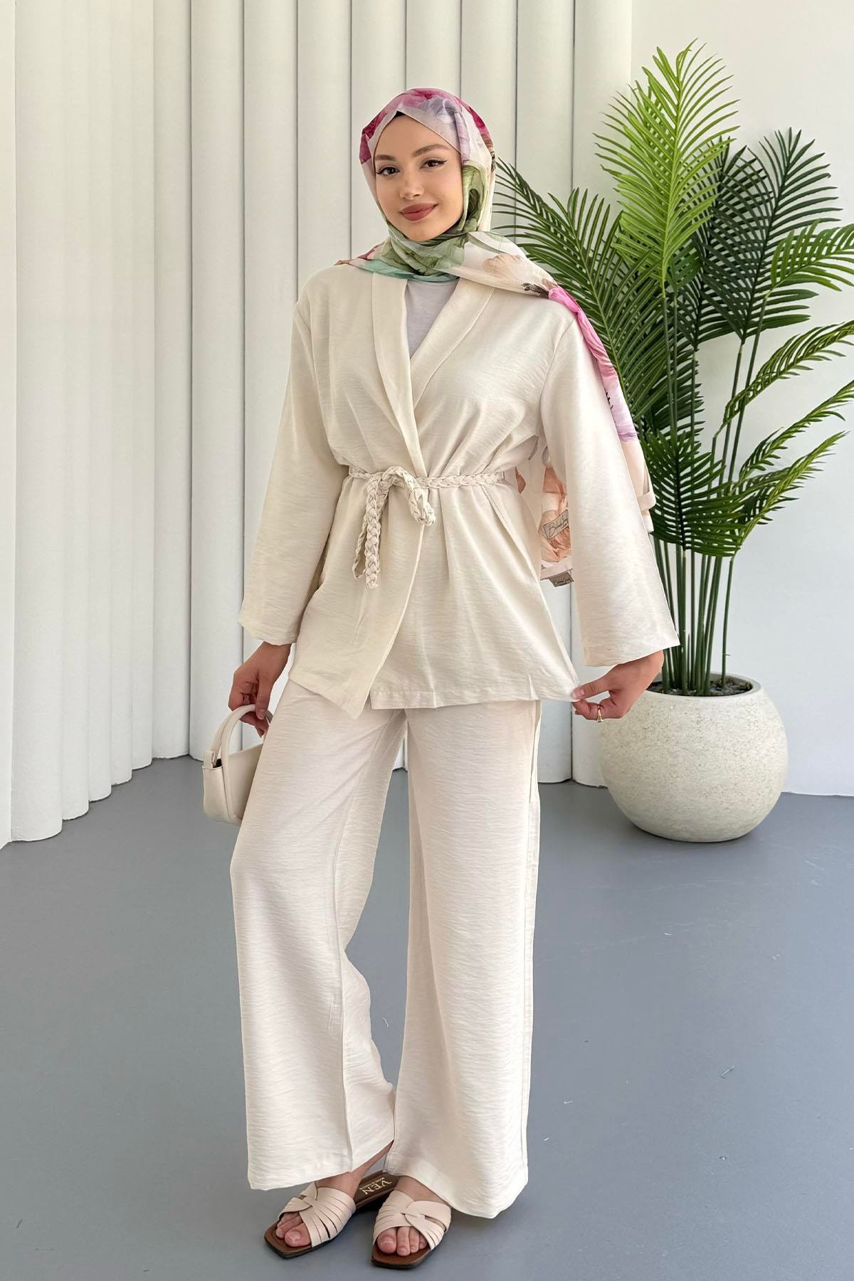 Kuşağı Örgü Detaylı Pantolonlu Kimono Tesettür Takım-TAŞ