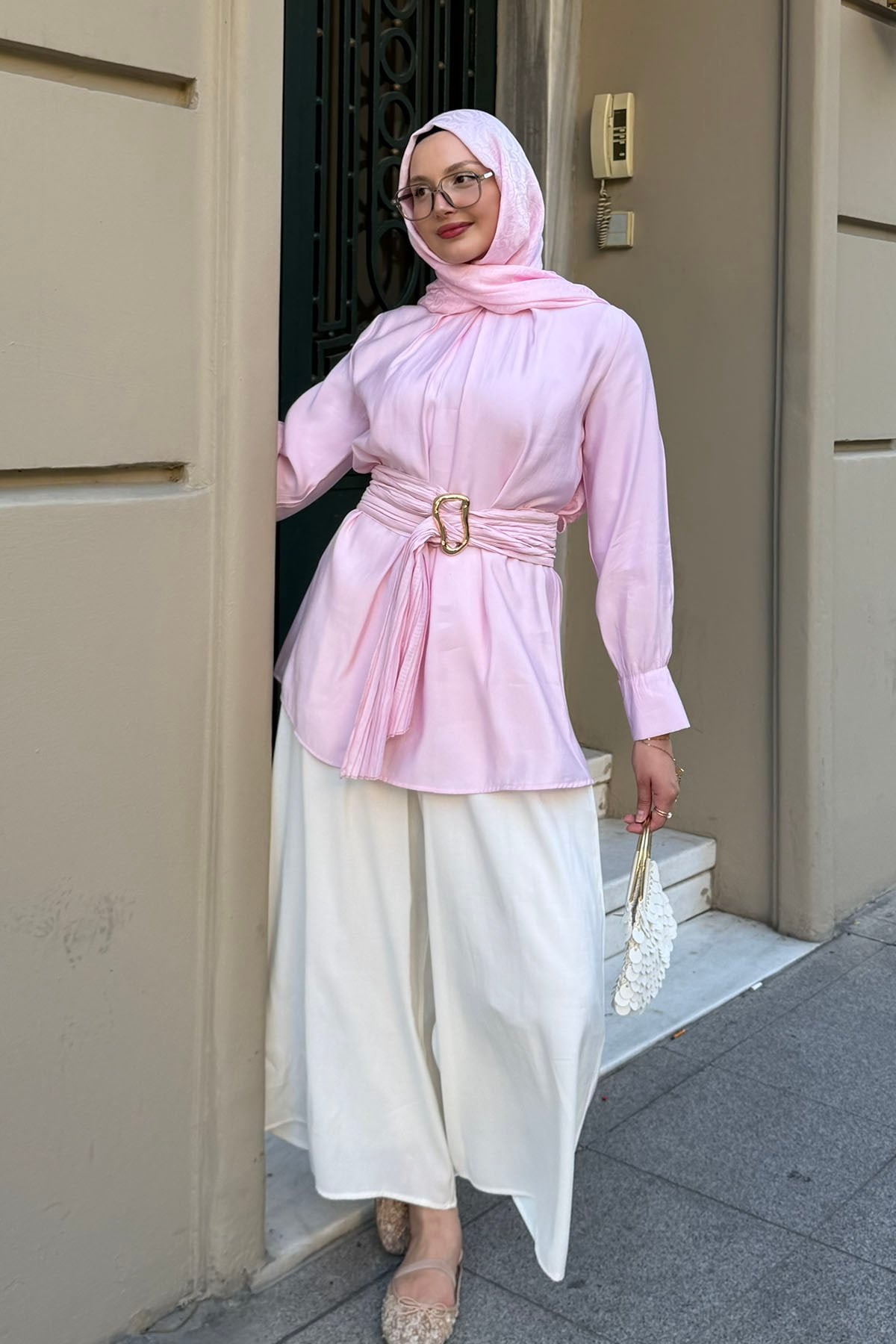 Kuşağı Piliseli Tako Detaylı Bluz-PEMBE