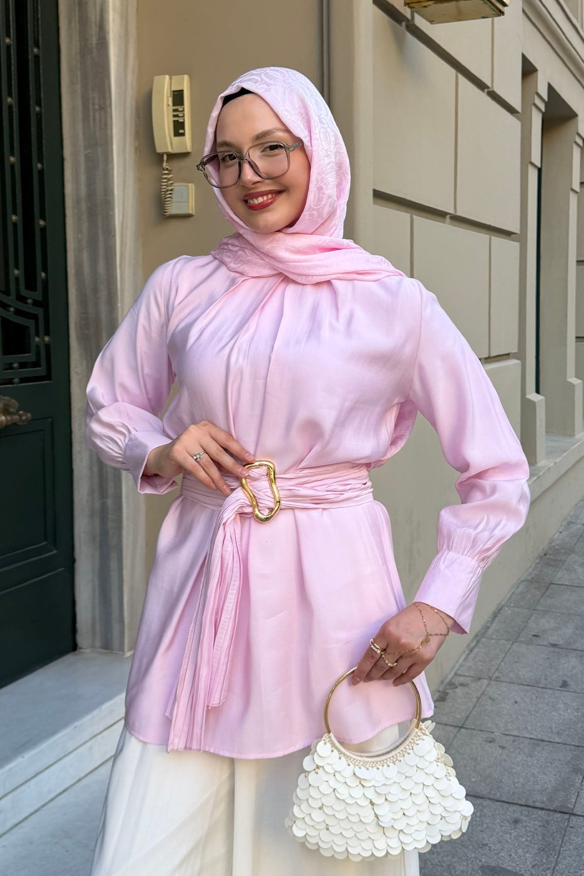 Kuşağı Piliseli Tako Detaylı Bluz-PEMBE