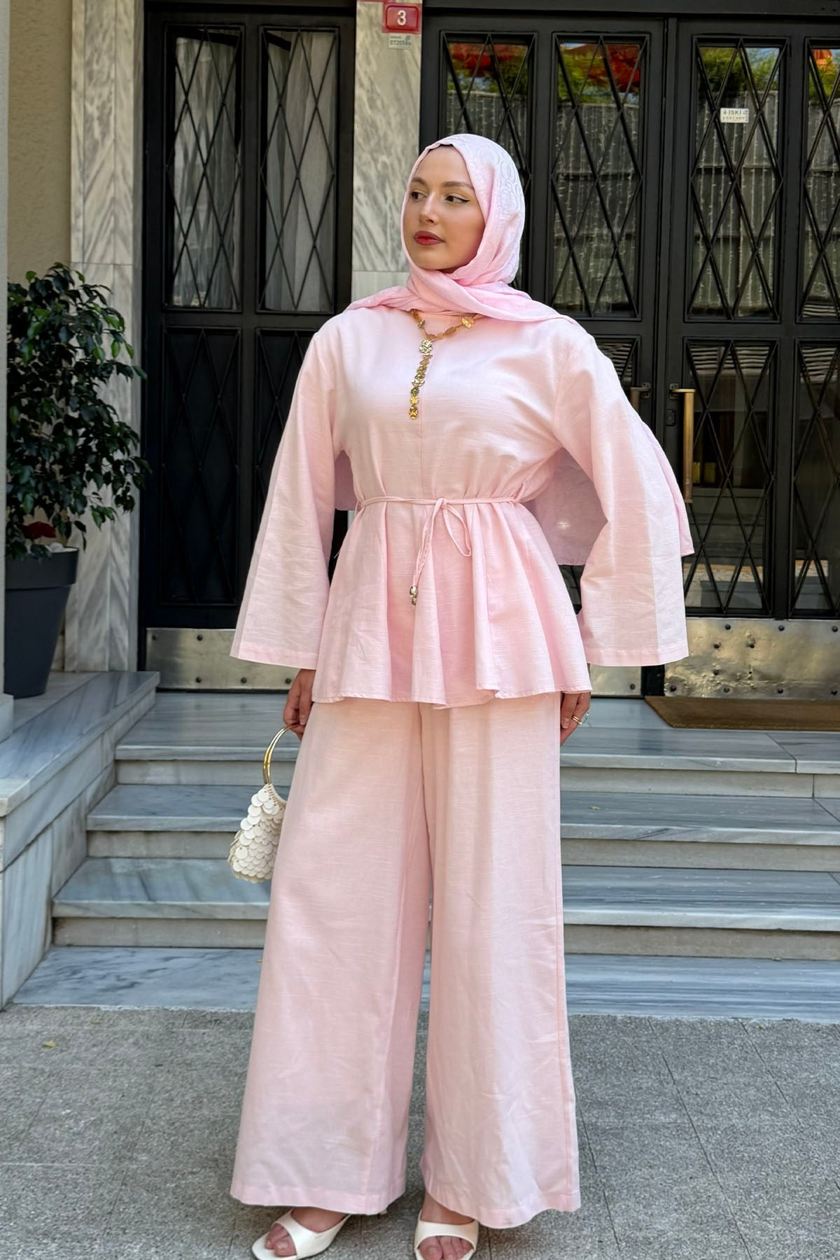 Kuşak Detaylı Godeli Keten Tunik Pantolon Tesettür Takım-PEMBE