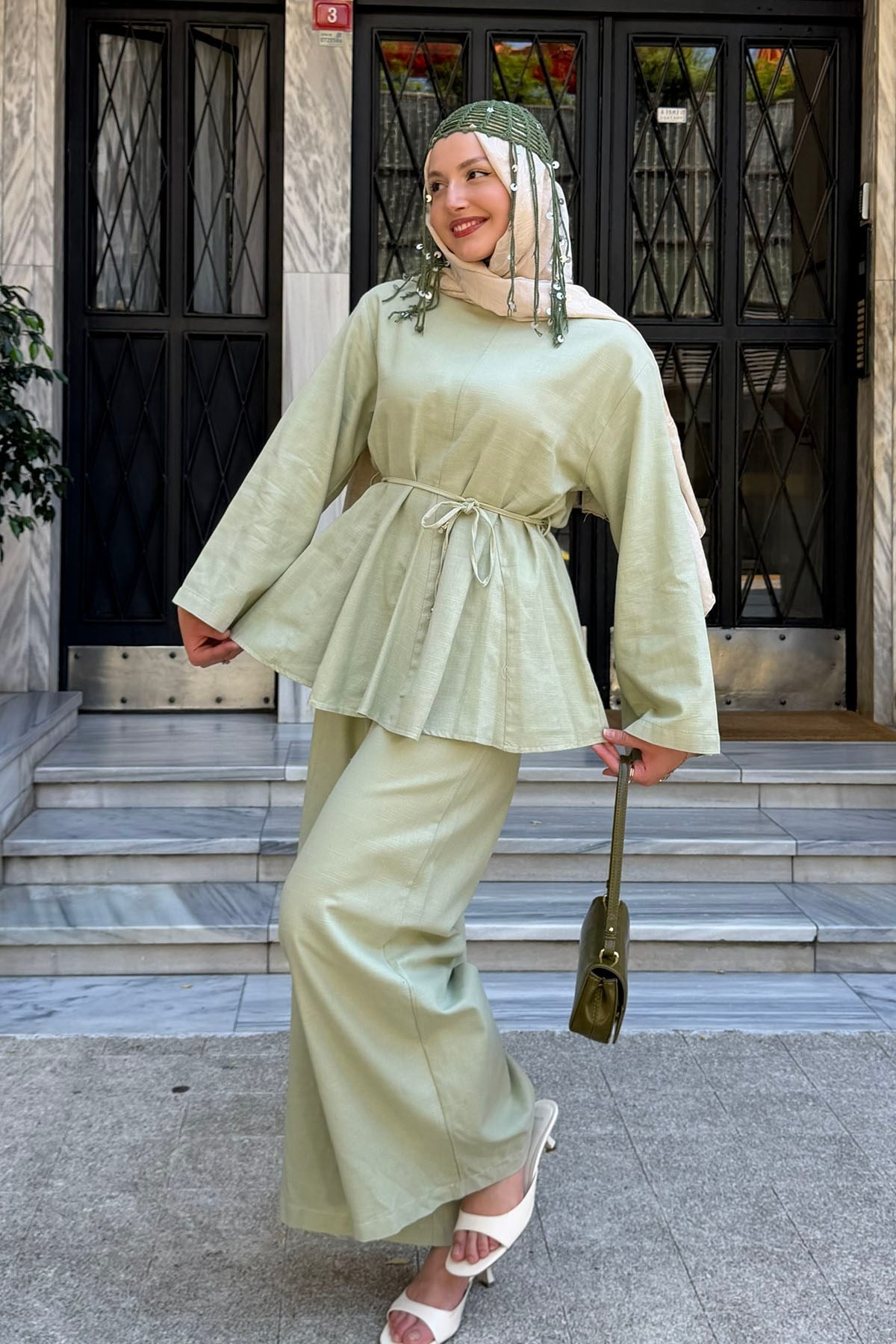 Kuşak Detaylı Godeli Keten Tunik Pantolon Tesettür Takım-MİNT YEŞİLİ