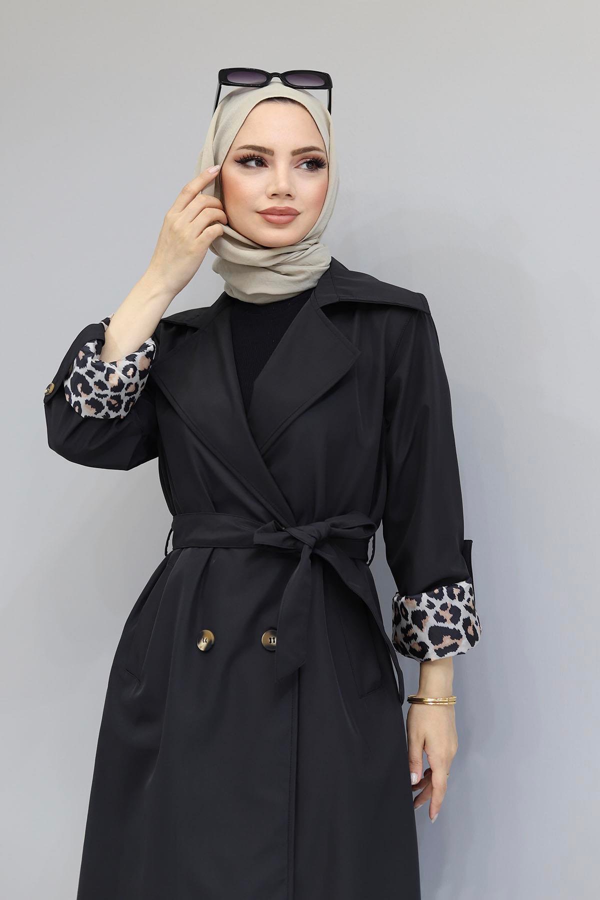 Leopar Astarlı Trençkot-SİYAH