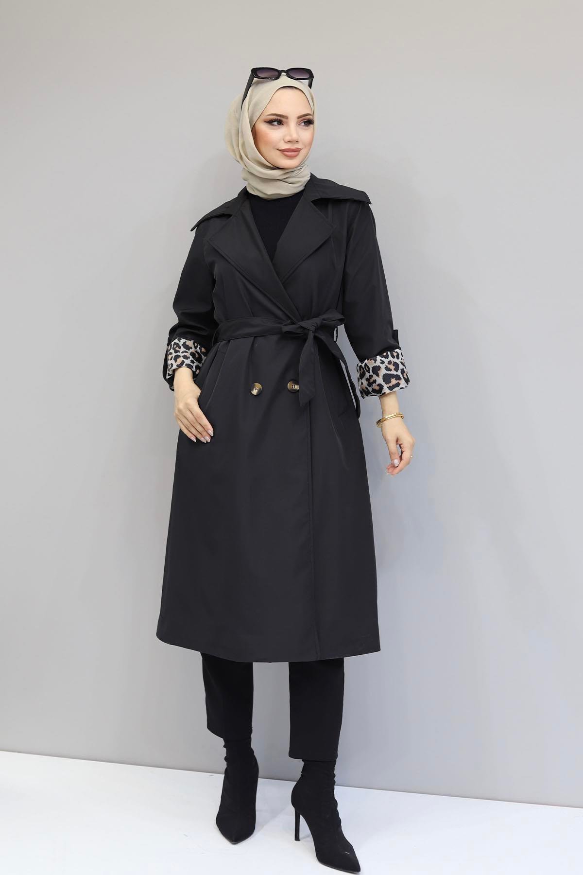 Leopar Astarlı Trençkot-SİYAH