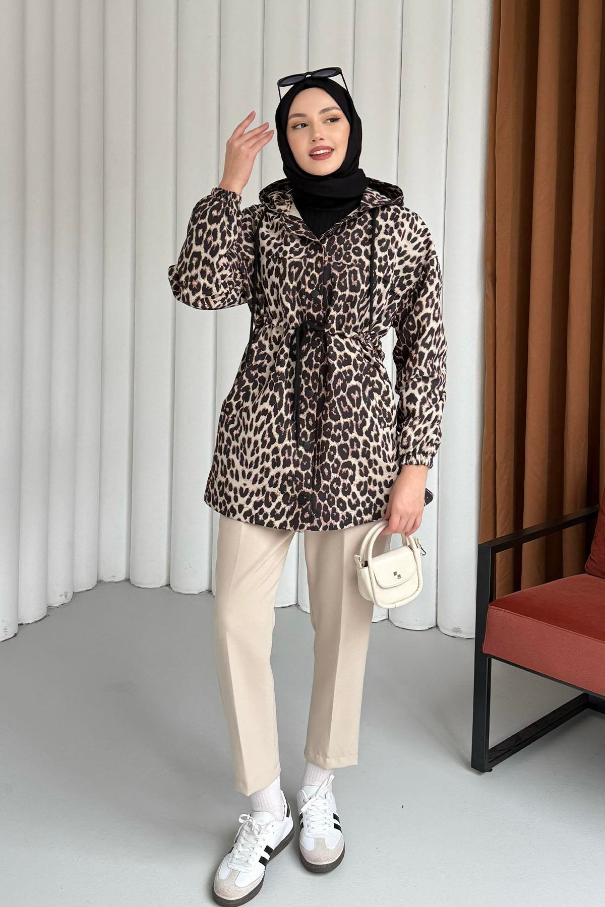 Leopar Desenli Cepli Bel Büzgülü Kapişonlu Trençkot-LEOPAR