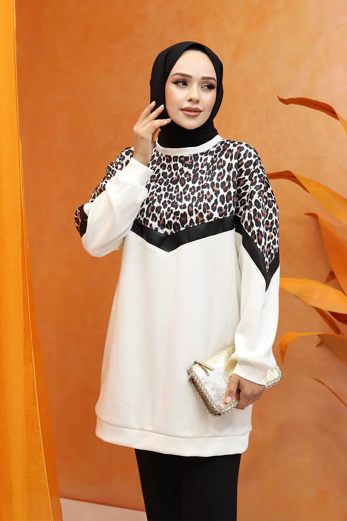Leopar Desenli Oversize Sweatshirt-EKRU