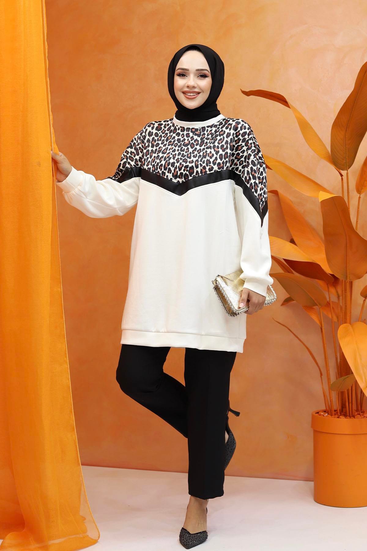 Leopar Desenli Oversize Sweatshirt-EKRU