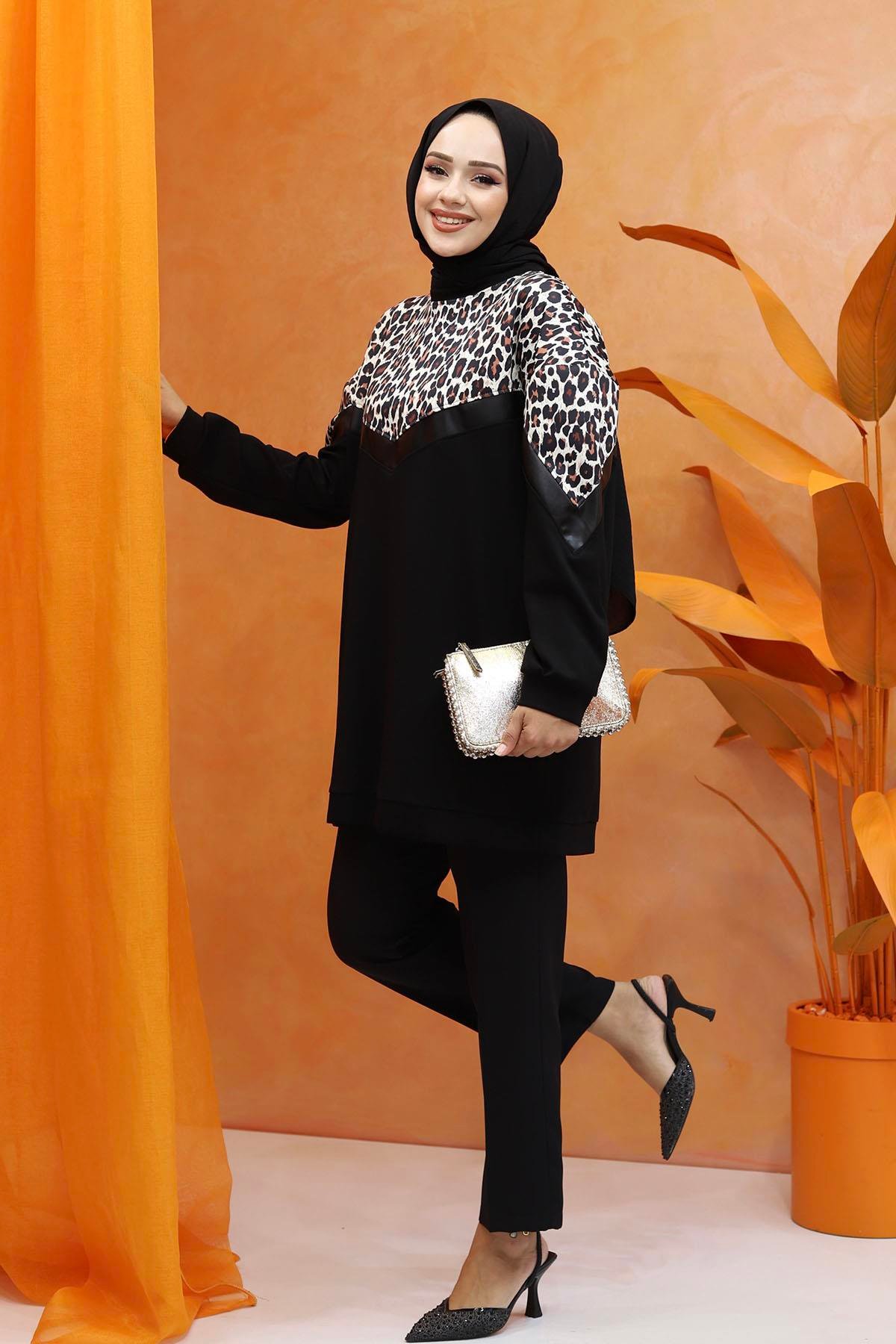 Leopar Desenli Oversize Sweatshirt-SİYAH