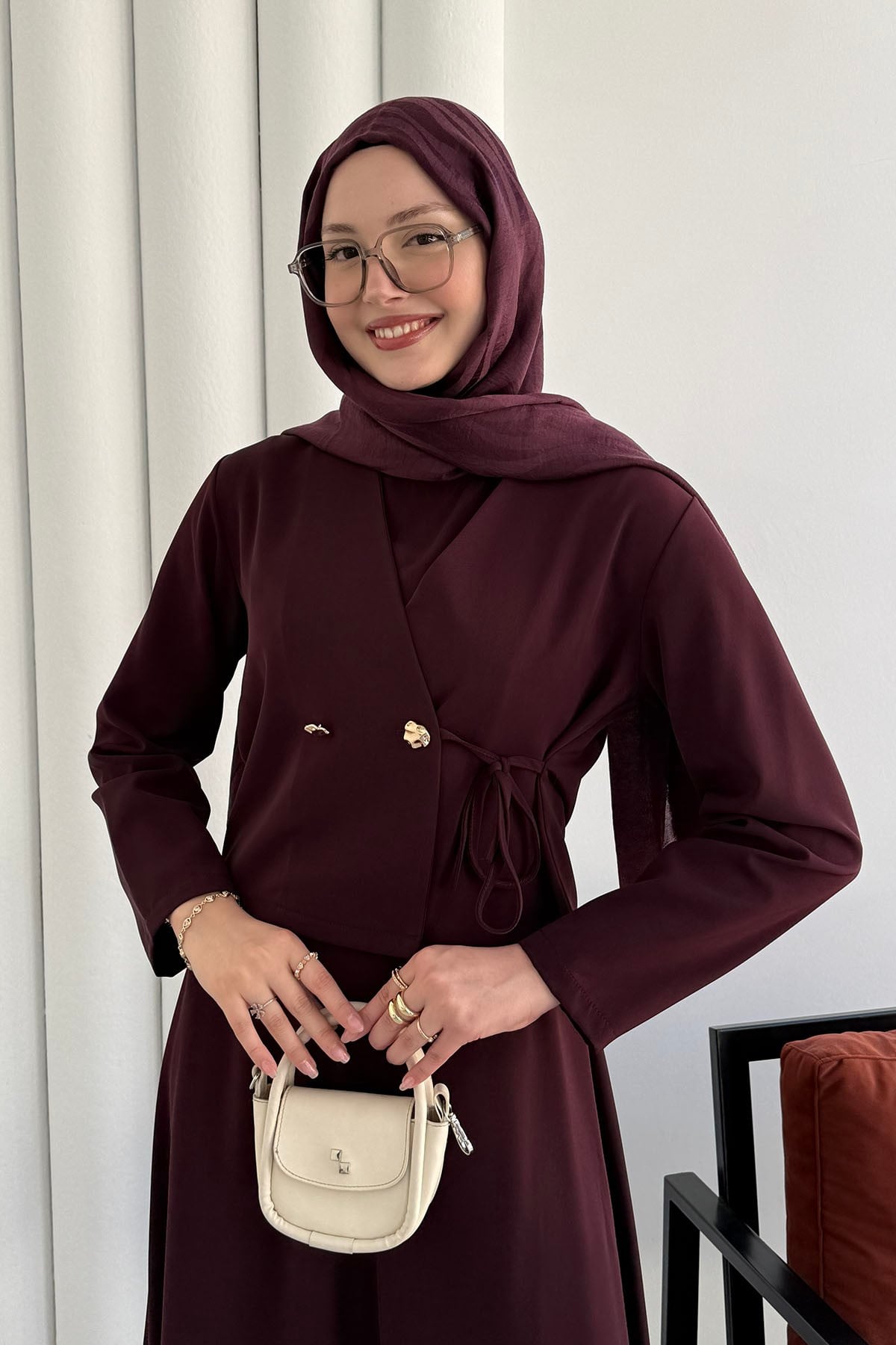 Linda Kumaş Çift Düğmeli Yandan Bağlamalı Jile Takım Elbise-MÜRDÜM