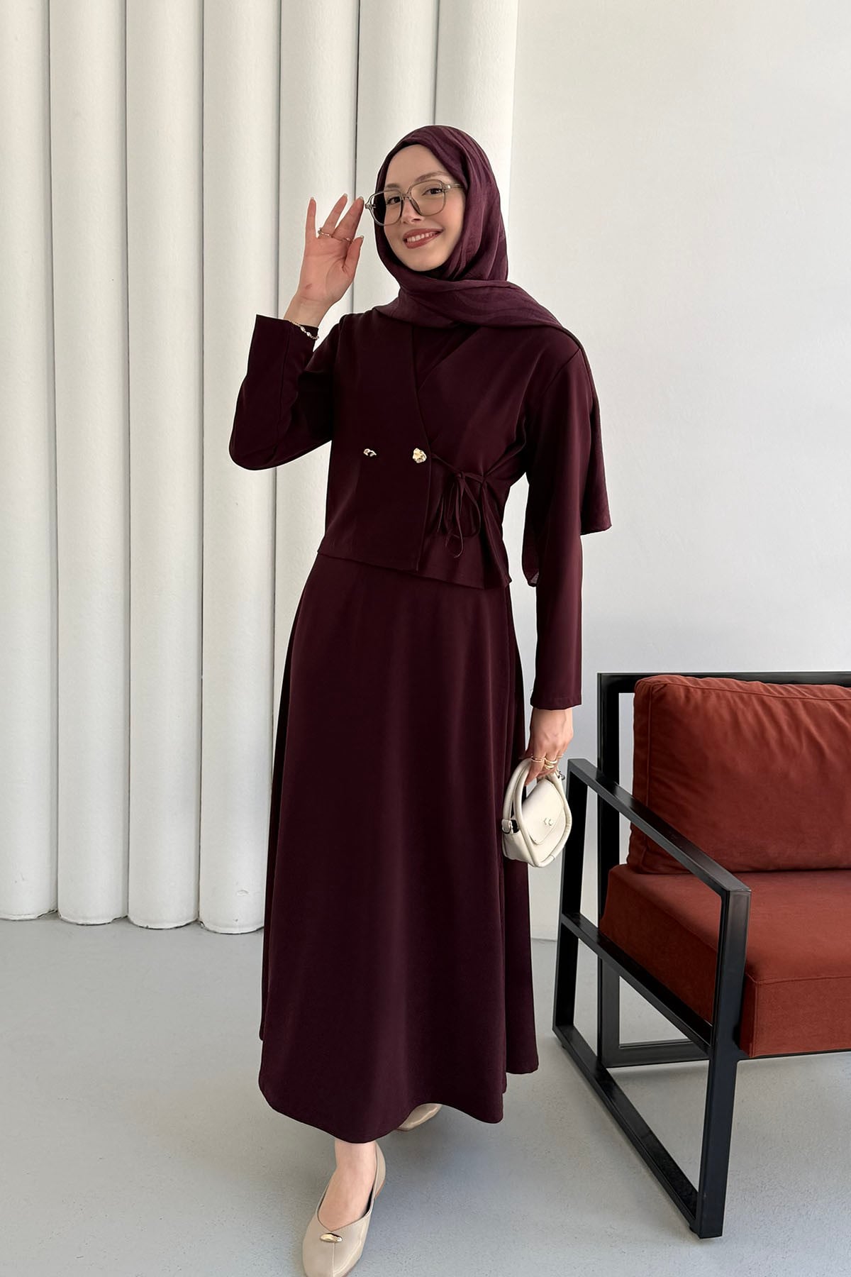 Linda Kumaş Çift Düğmeli Yandan Bağlamalı Jile Takım Elbise-MÜRDÜM