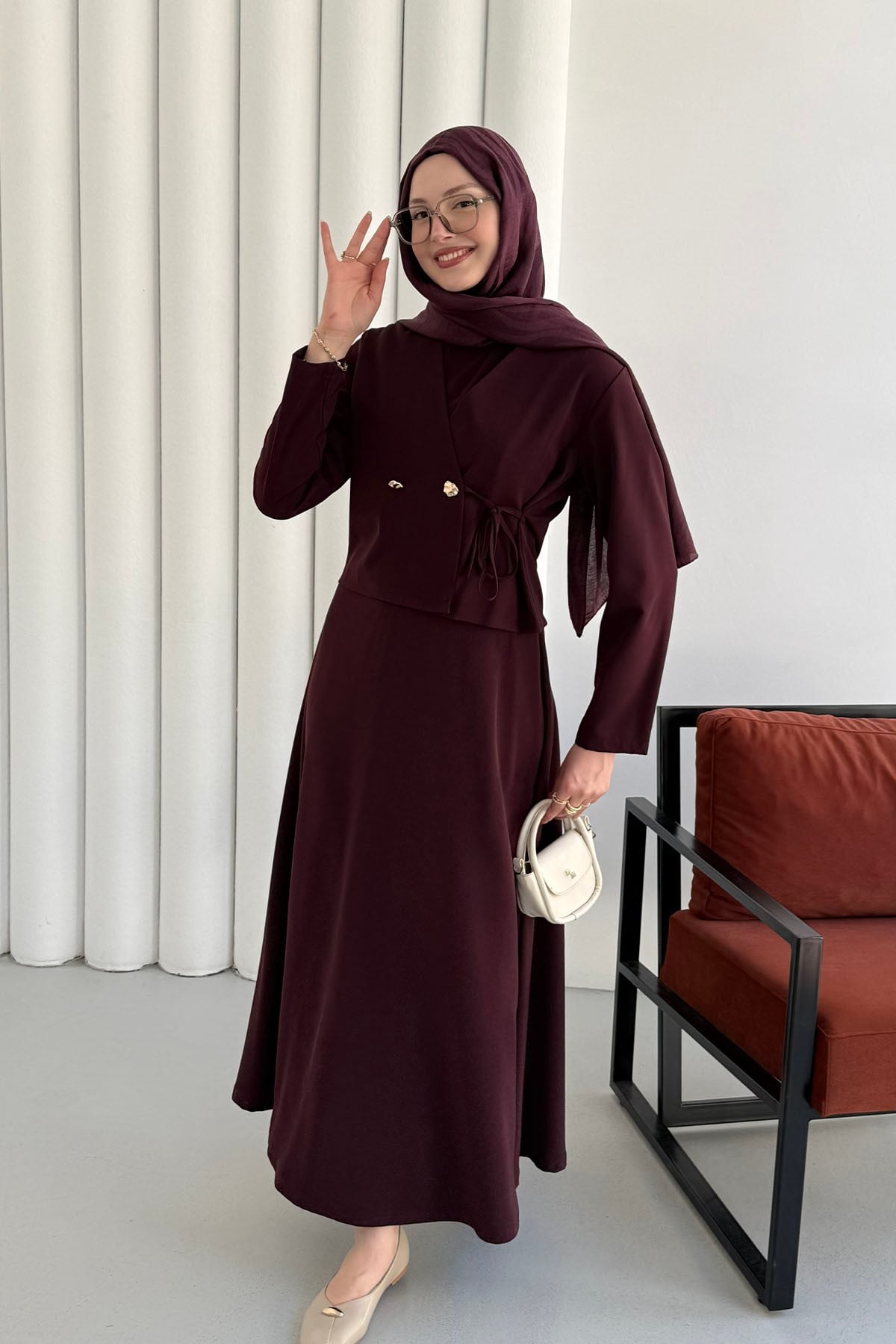 Linda Kumaş Çift Düğmeli Yandan Bağlamalı Jile Takım Elbise-MÜRDÜM