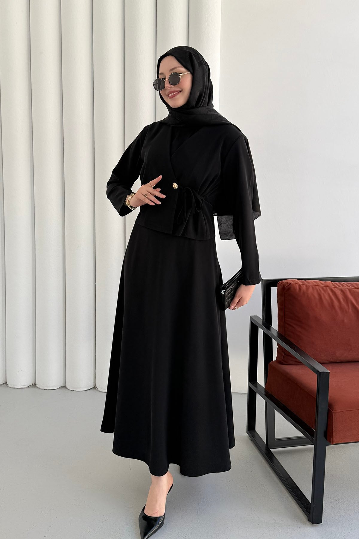 Linda Kumaş Çift Düğmeli Yandan Bağlamalı Jile Takım Elbise-SİYAH